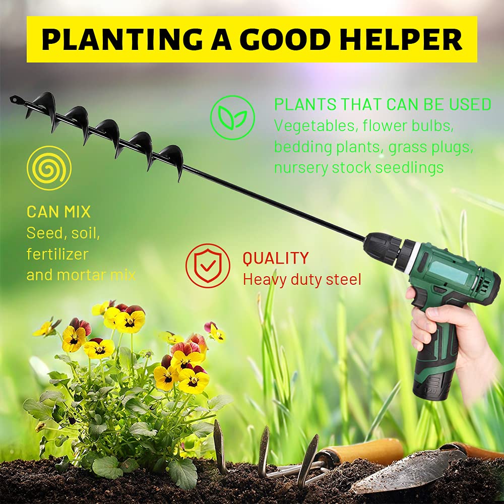 Auger Drill Bit for Planting Set of 2.6"x17"and2"x24"with a gardening mini three-piece set for Garden Plant Flower Bulb Auger Spiral Hole Drill Rapid Planter Earth Auger Bit Post or Umbrella Hole Digger for 3/8" Hex Drive Drill (2.6"X17" +2"X24", Black): Tools & Home Improvement