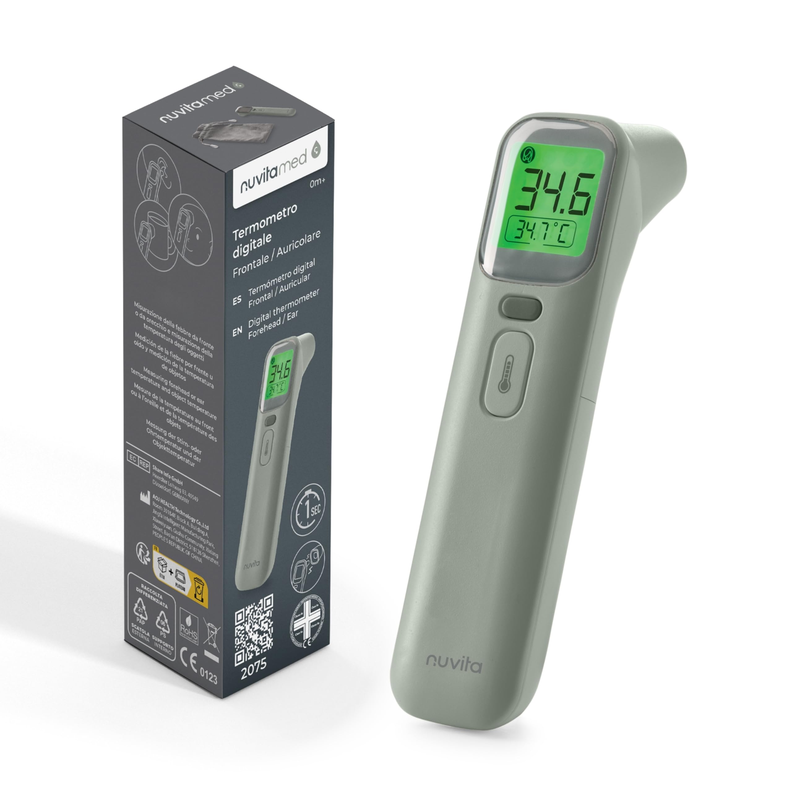 Nuvita 2075 Termómetro digital de frente y oído - Lecturas rápidas en 1 segundo, 4 modos, memoria avanzada y alarmas precisas