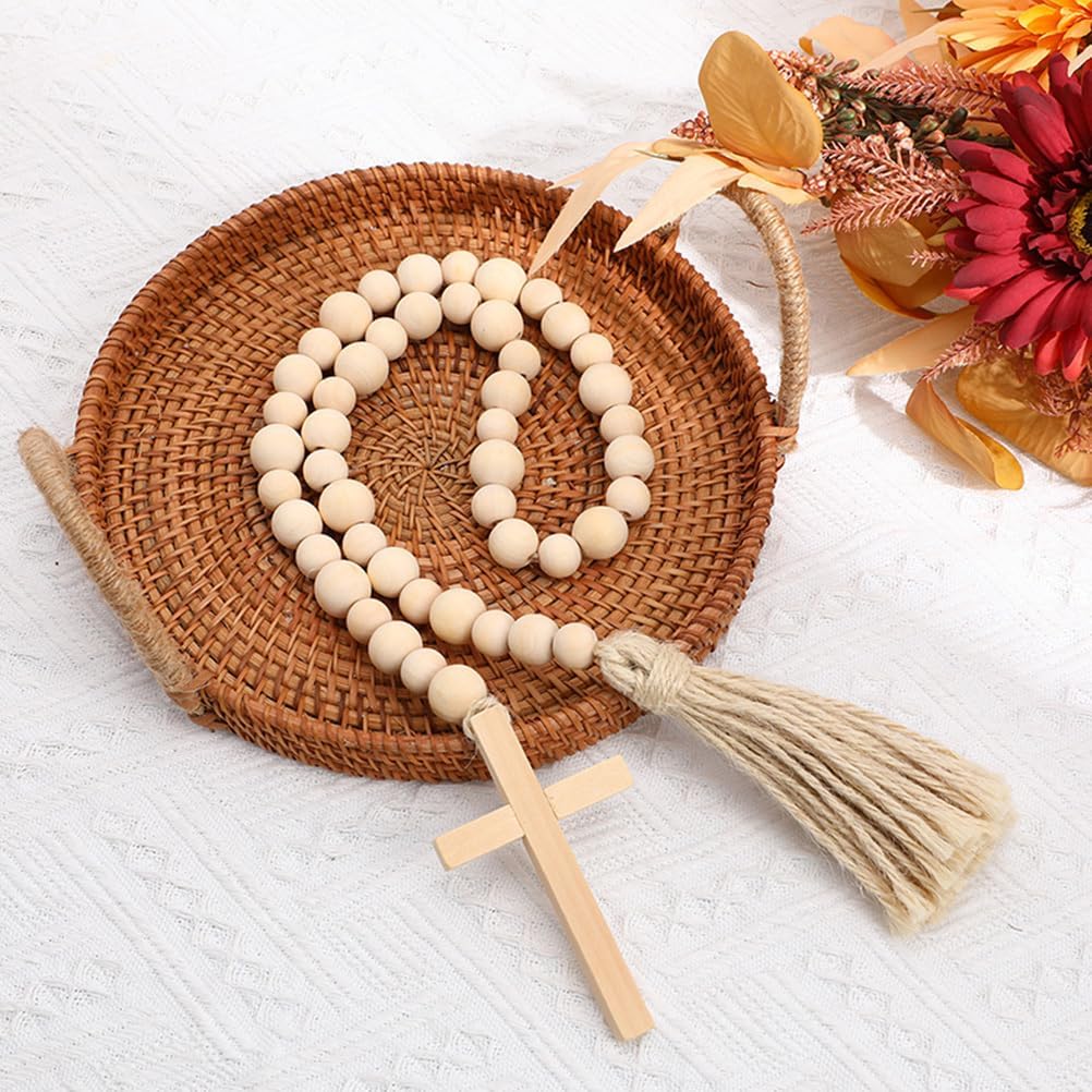 Amosfun 35" Wood Bead Garland with Tassels Farmhouse Home Decor Prayer Boho Beads Wall Hanging Decor, Wooden Garland for Tiered Tray