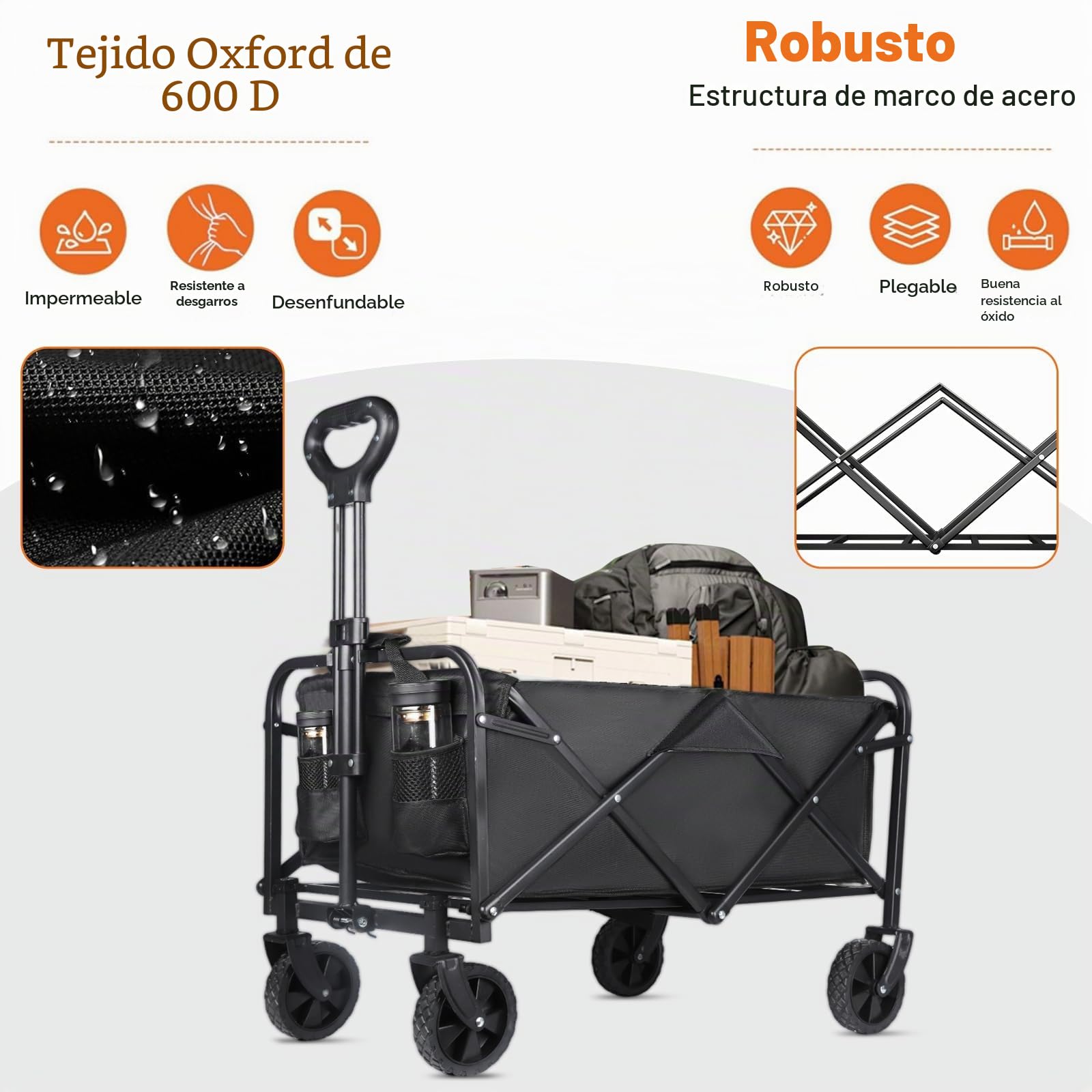 Carro Plegable con Ruedas, 120L (120KG) Carro Playa, Carro de Playa con Ruedas 360° Grandes | 2 Soportes para Bebidas, 70x43x72cm – para Playa, Camping & Compras (Negro)