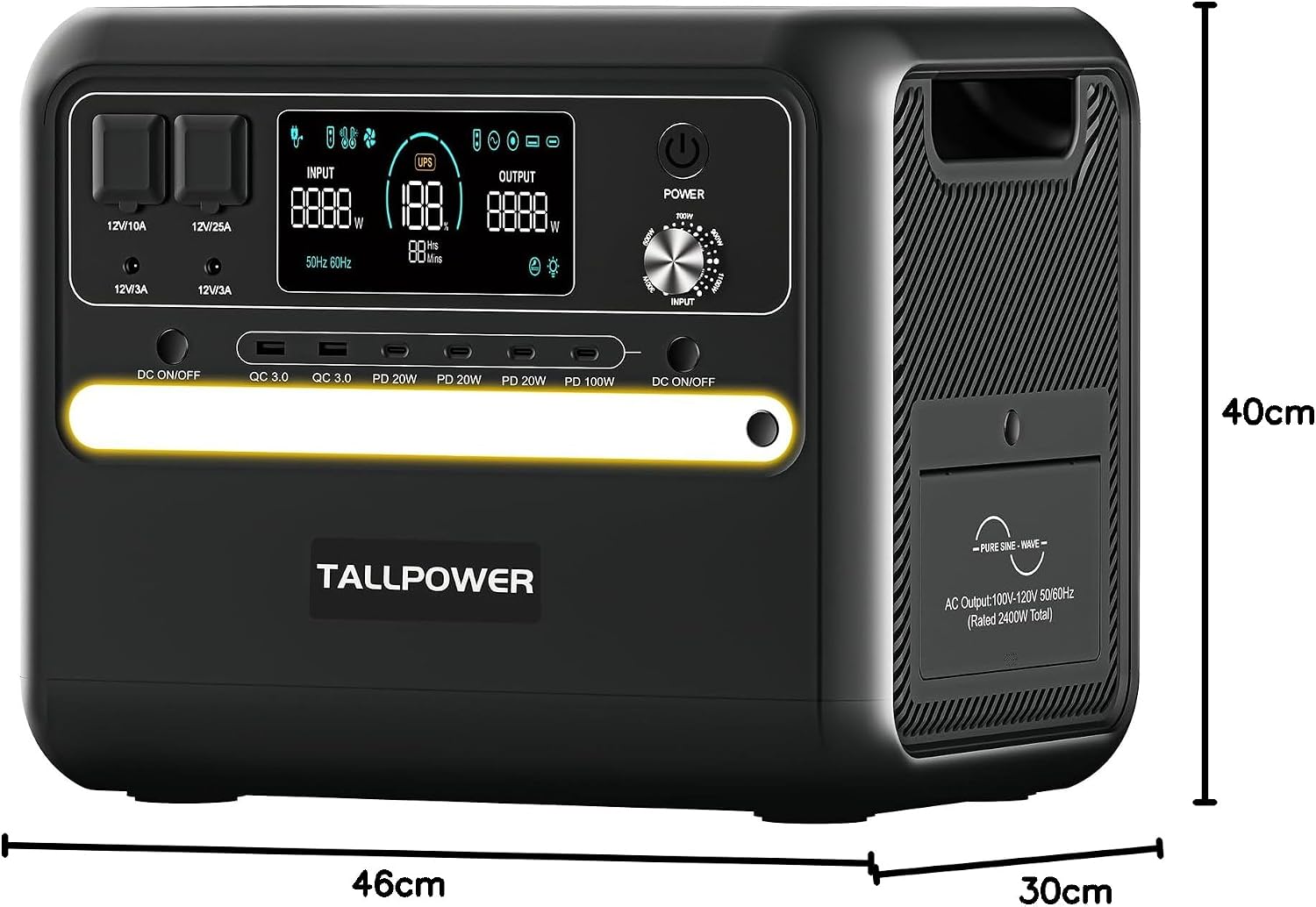 TALLPOWER V2400 Portable Electric Generator with dimensions labeled