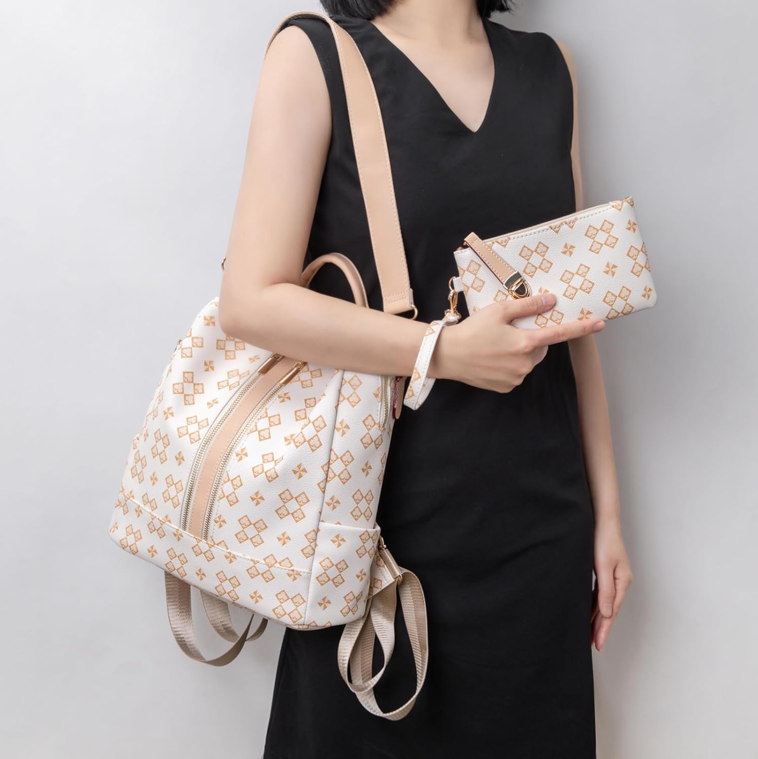 Fashion Backpack Purse for Women Designer Convertible Travel Backpack PVC Shoulder Bag with Wallet for Ladies 2psc beige (beige2) - Image 7