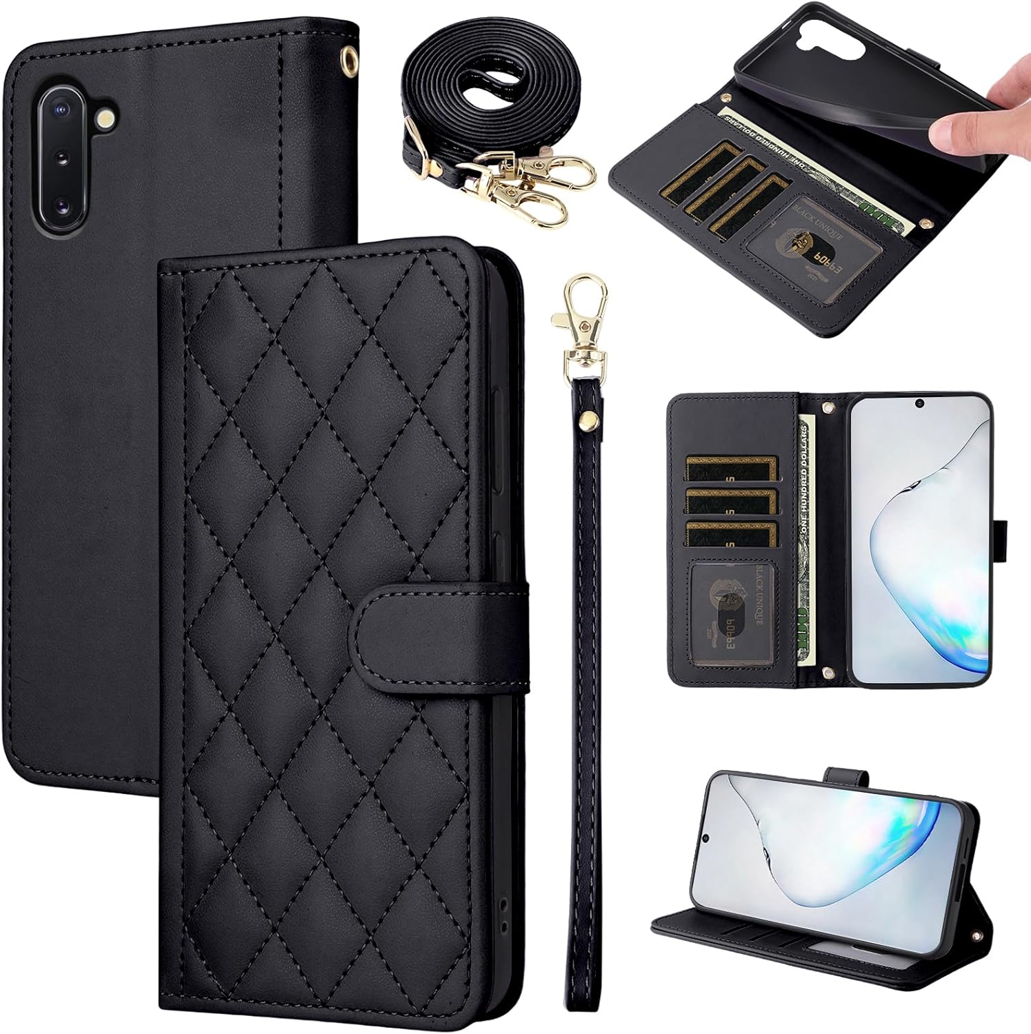 Wallet Case for Samsung Galaxy Note 10 5G with Wrist Strap, Shoulder Strap, Multiple Card Slots Folio Purse, PU Leather Stand Accessories Cell Phone Cover for Note10 Notes 10s Ten Not S10 Black