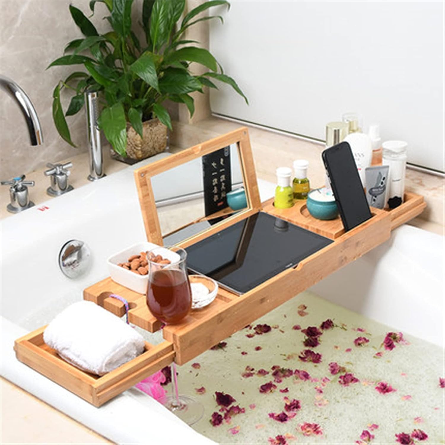 Bathtub Rack Mirror Bathtub Rack Telescopic Multi-Function Bathtub Rack Bathroom Wooden Barrel Rack Shelf Bathtub Trays