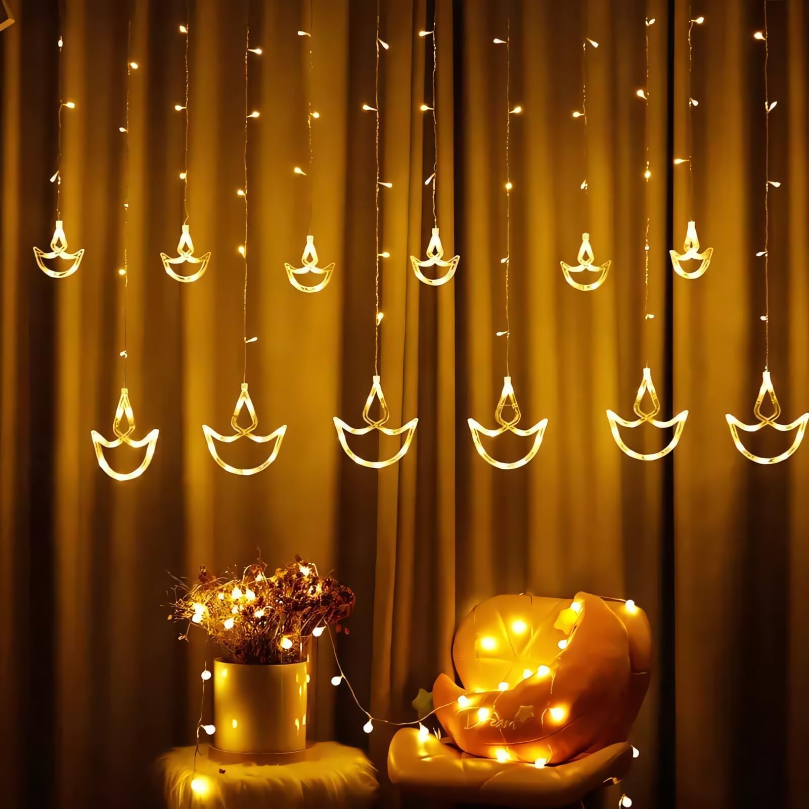 One94Store 12 Diya LED Curtain String Lights – 138 LEDs, 8 Flashing Modes, Warm White Copper Wire Decorative Lights for Diwali, Christmas, Wedding, Home & Patio (Pack of 1)