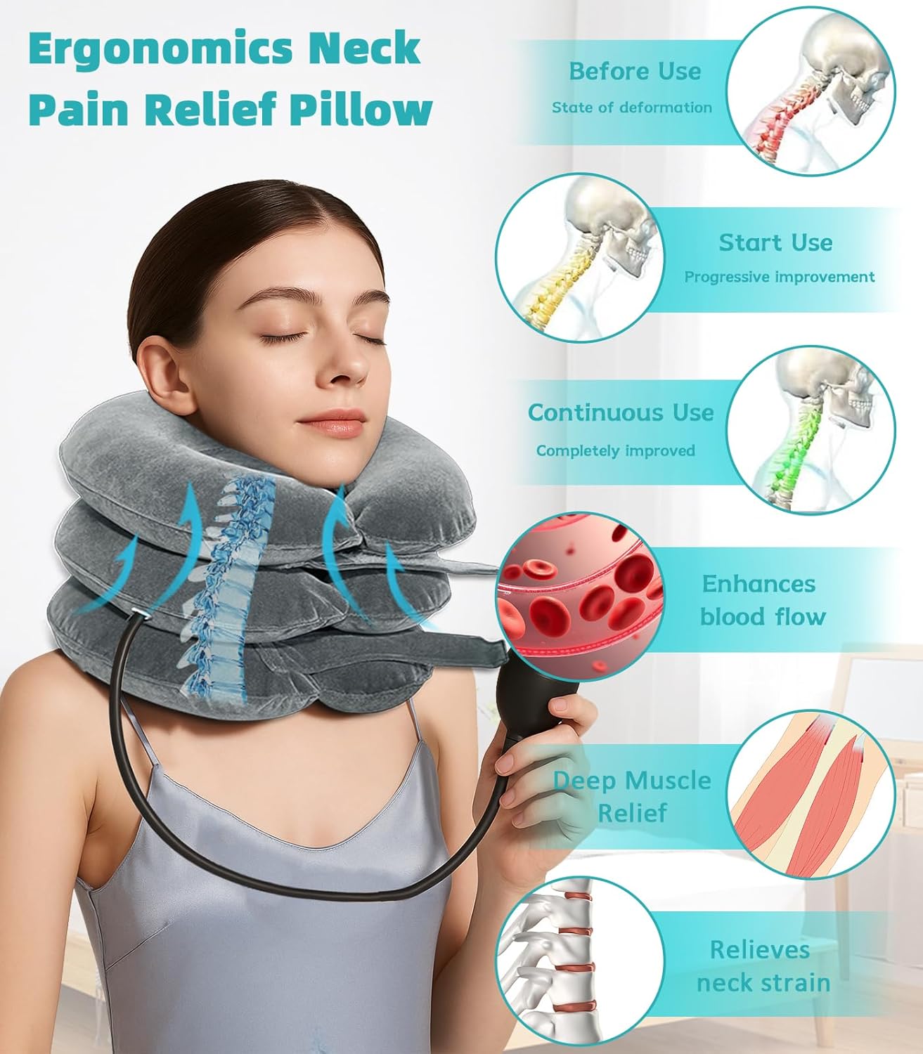 Inflatable Cervical Traction Device - Neck Support Pillow with Eye Mask, Adjustable Home Neck Stretcher for Relaxation, Portable for Home, Travel, Work - Image 4