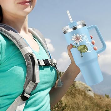 كوب مخصص بمقبض من القش، كوب معزول مخصص مع اسم محفور عليه، كوب سفر مخصص من الفولاذ المقاوم للصدأ سعة 40 أونصة، هدايا للممرضات، أعياد الميلاد، ذكرى الميلاد
