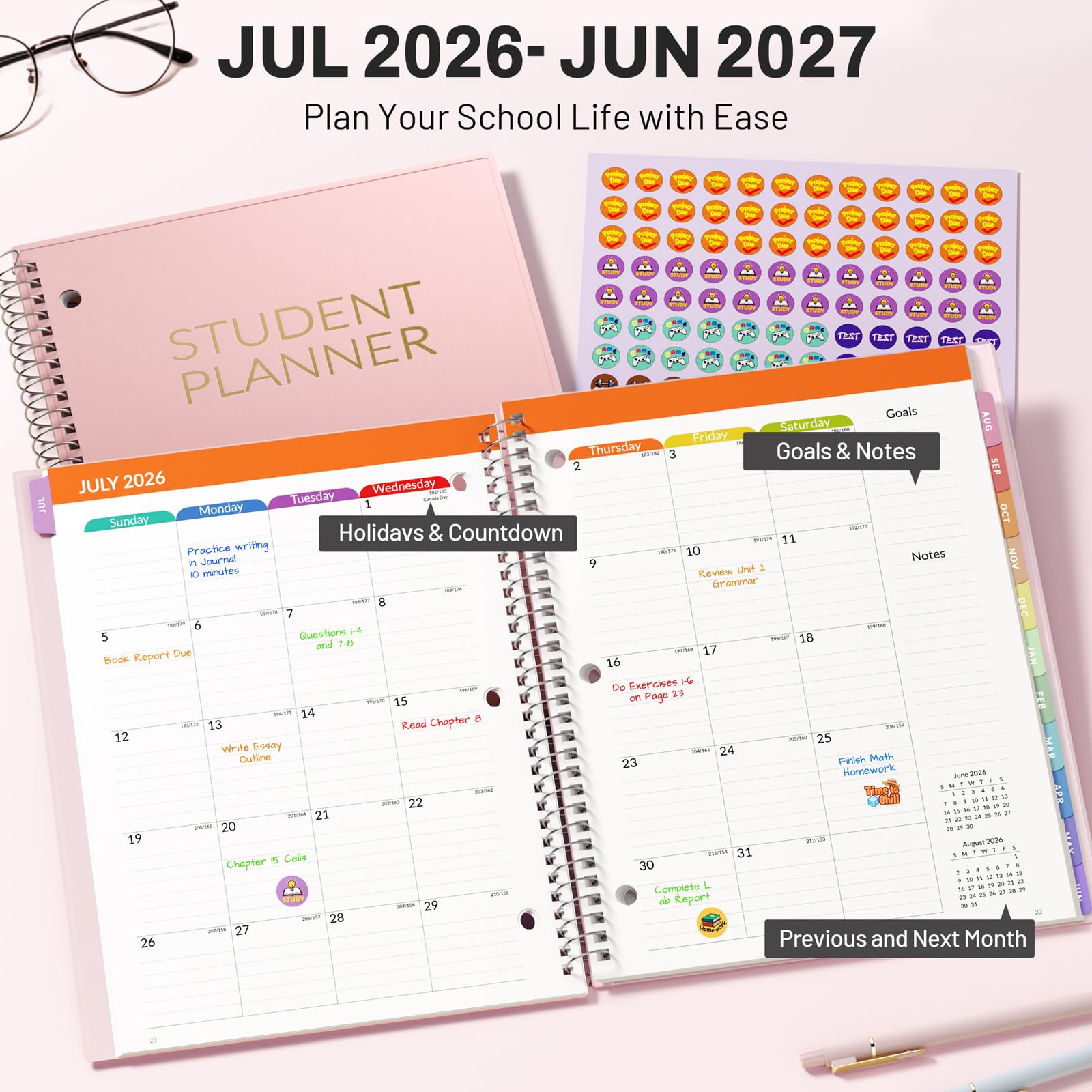 SUNEE Agenda scolastica 2026-2027, agenda scolastica media o superiore per accademico luglio 2026 - giugno 2027, 21,6 x 27,9 cm, con copertina impermeabile in PVC, perforato a 3 fori, segnalibro