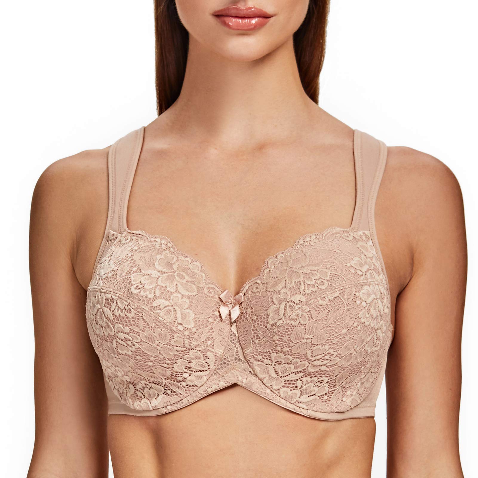 Meleneca Women's Beige-Lace Full Coverage Non-Padded Minimizer Underwire Floral Lace Bra 48D