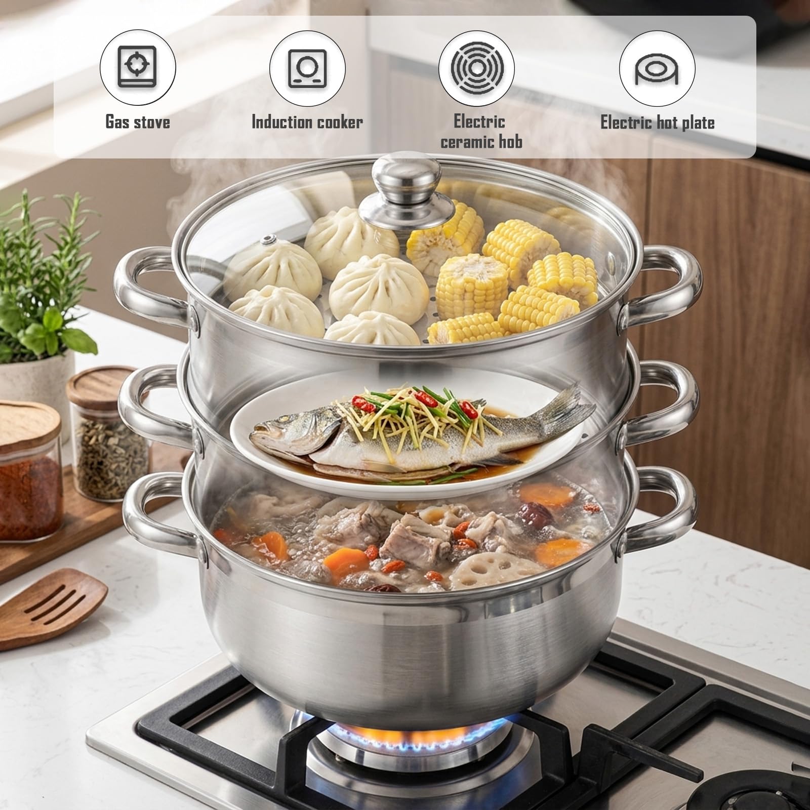 Olla Vaporera 28cm – Cocción al Vapor en Acero Inoxidable de 3 Niveles con Tapa de Vidrio – Para Sopas, Verduras, Pastas y Mariscos – Apt para Inducción y Lavavajillas