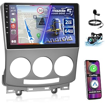 2G + 64G Android Car Radio for Mazda 5 2005-2010 with Wireless Carplay & Android Car 9 Inch Touchscreen Car Radio with WiFi GPS Navigation Bluetooth FM RDS
