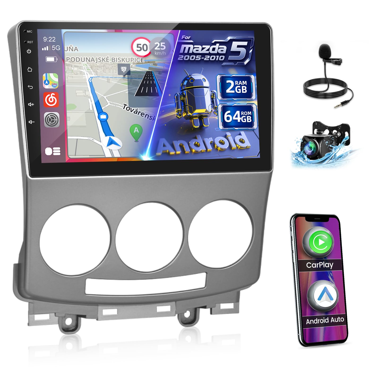 Radio samochodowe 2G+64G Android dla Mazda 5 2005-2010 z bezprzewodową funkcją Carplay i Android Auto, 9-calowy ekran dotykowy radio samochodowe z Wi-Fi, nawigacją GPS, Bluetooth, FM RDS