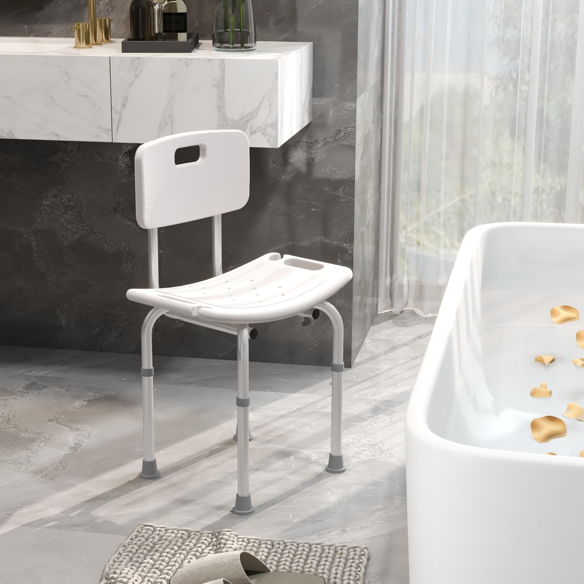 HOMCOM Silla para Ducha Personas Mayores Taburete de Ducha con Altura Ajustable en 8 Niveles Respaldo y Alfombrillas Antideslizante Ayuda para Baño para Ancianos y Discapacitados