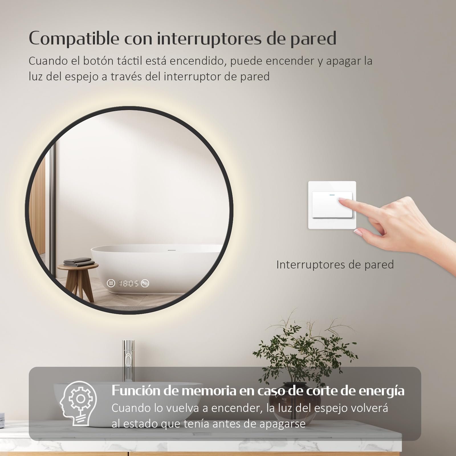 EMKE Espejo LED Redondo de Baño, ø60cm,Marco Negro, antiempañante, con visualización de Hora y Temperatura, luz Neutra, Intensidad Ajustable, Espejo de baño con iluminación, IP44