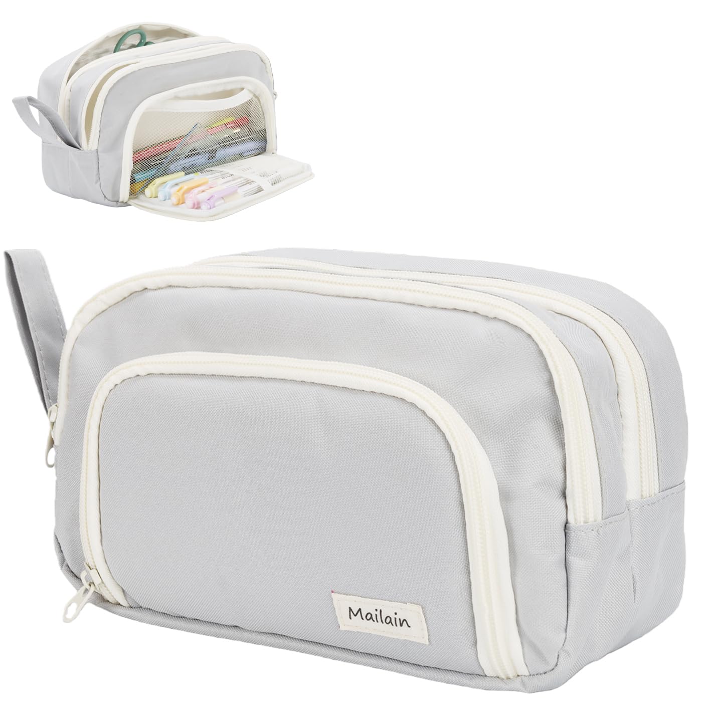 Mailain Federmäppchen Federmappe Mäppchen für Jungen Mädchen Teenager – 3 Fächer Federtasche Erwachsene, Große Kapazität Etui Schule Schlamppermäppchen Schulmäppchen (Grau)