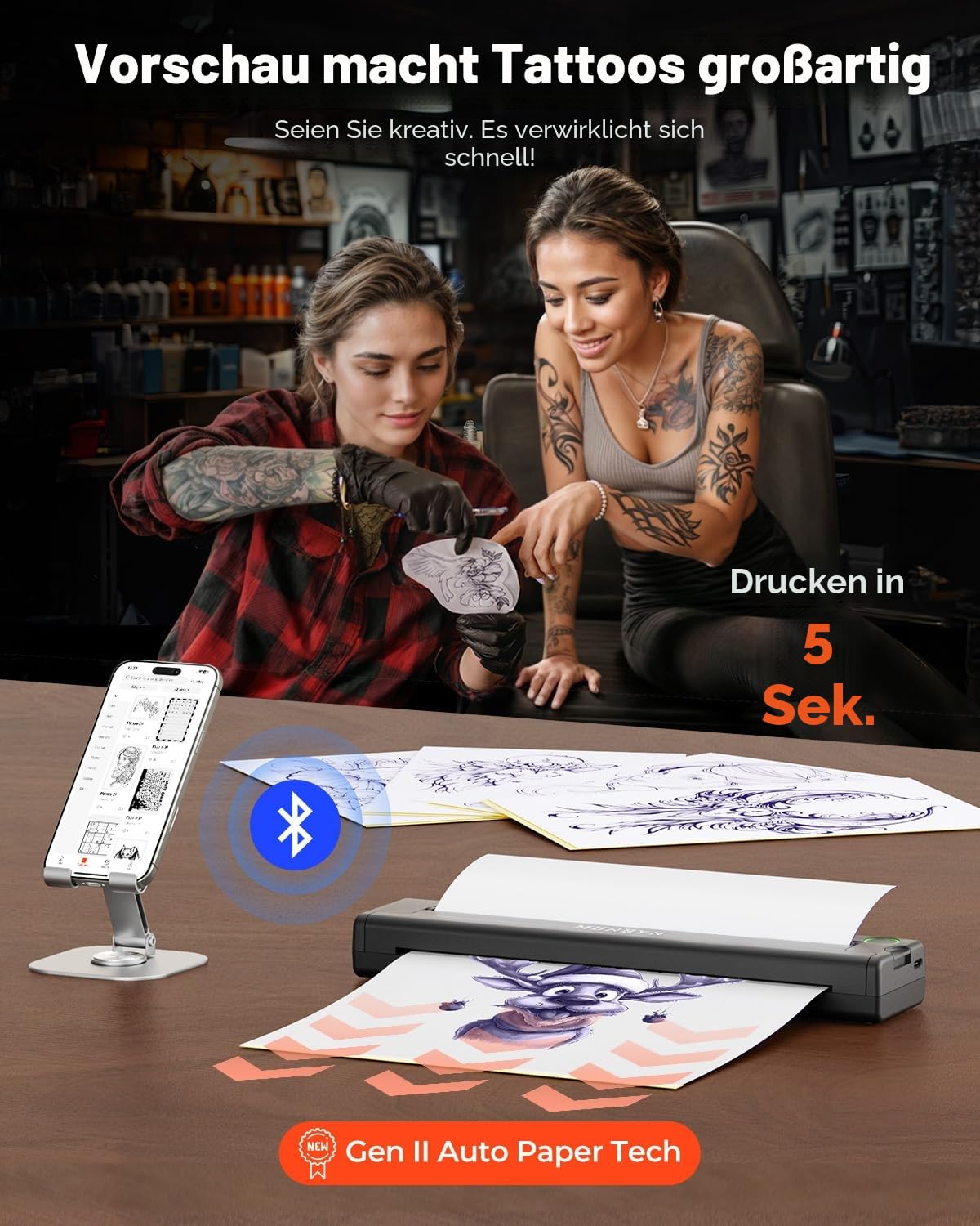 MUNBYN Tattoo Drucker Bluetooth, Stencil Drucker, Tattoo Printer Thermodrucker mit 20 Blatt A4 Transferpapier, Kompatibel mit Android iOS macOS Windows, ITP05, Schwarz