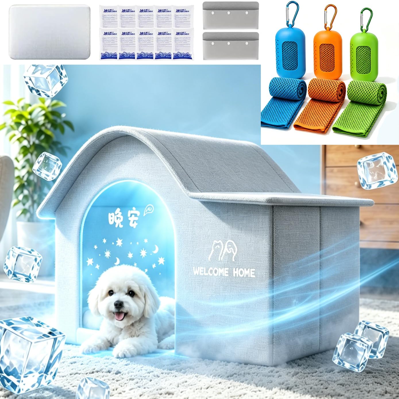 Bundle with 3pcs Cooling Towel, All‑Season Outdoor Cat Cooling House Weatherproof, Dog Tent Cave for Indoor in Summer or Winter with Ice Packs, Door and Soft Mat, Foldable Leak‑Proof Shelter for Pets