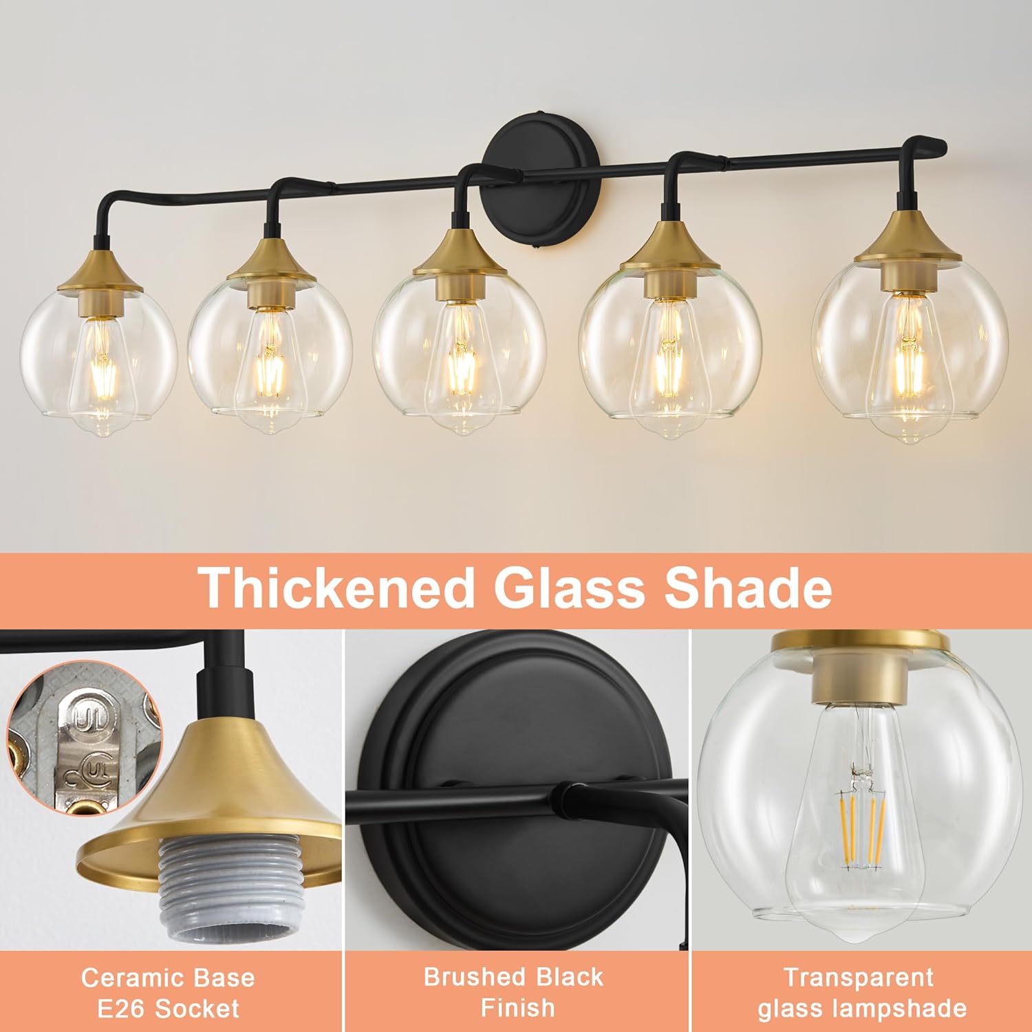 Bathroom Vanity Light with Clear Glass Shade, E26 Base, Vanity Lighting Fixtures Over Mirror, 39 Inch Vanity Lights for Bathroom (Exclude E26 Bulb) (Black and Gold, 5-Lights)
