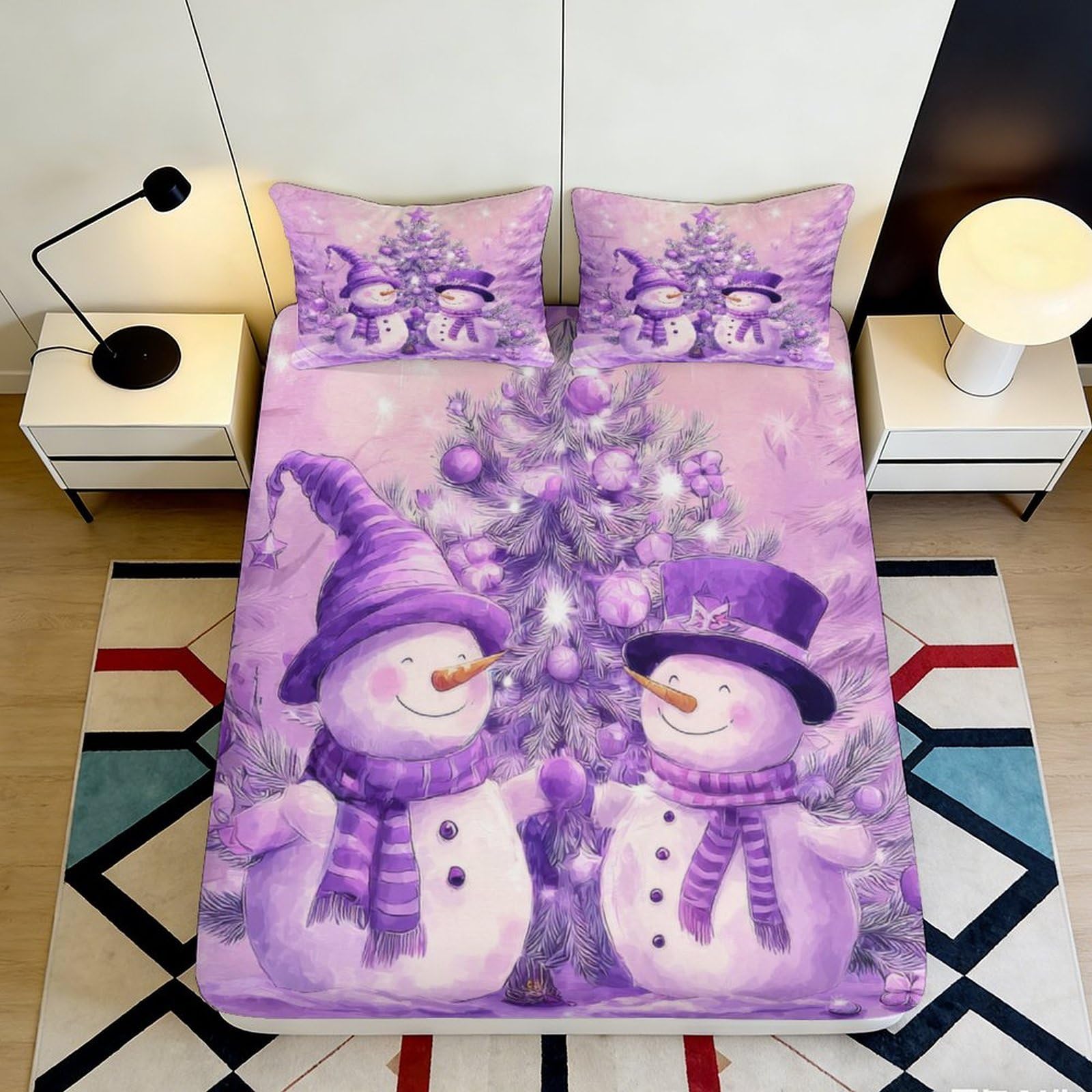 Pnayamiorkfel Style-2 3D Printed Purple Snowman Christmas Tree Fitted Sheet Microfiber Soft Bed Sheet For Bedroom Guestroom Decor 90X200x25cm