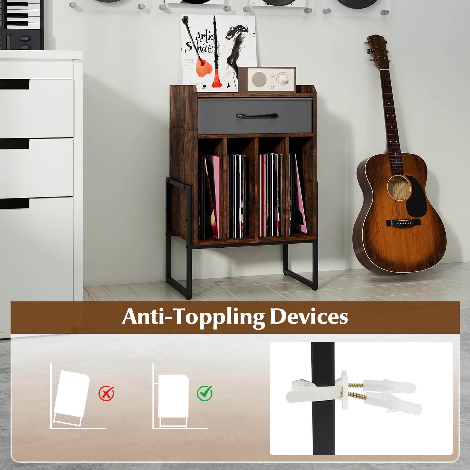 KOMFOTTEU Mobile Porta Giradischi, Supporto per Vinili con Cassetto Pieghevole in Tessuto, 4 Scomparti per fino a 160 Album, Scaffale per Dischi in Legno per Soggiorno, Ufficio, Sala Musicale, Marrone