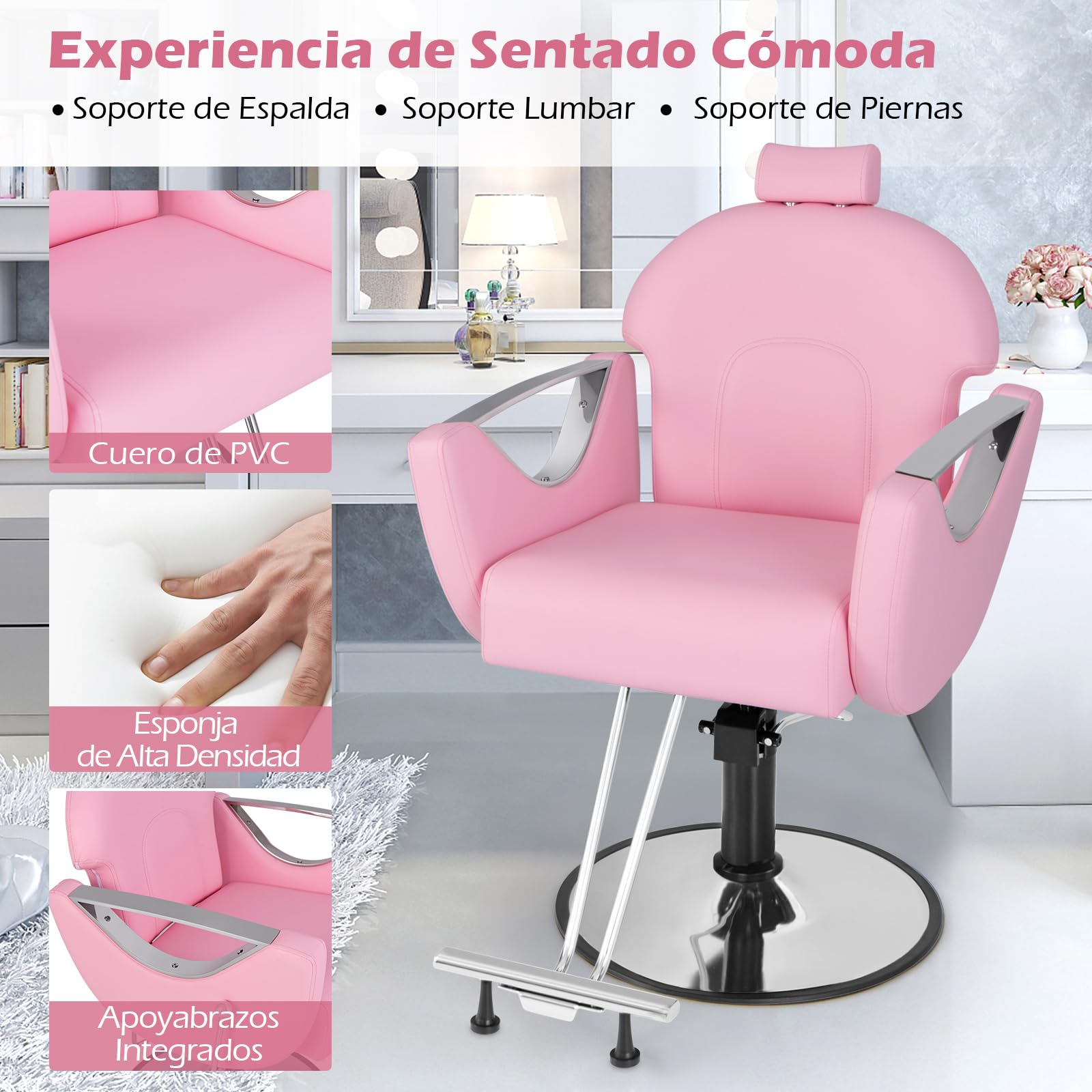 COSTWAY Silla de Peluquería Reclinable, Silla de Barbero Ajustable en Altura y 360°Giro, con Bomba Hidráulica, Esponja Densa y Base Metálica Estable, Ideal para Peluquería, Tatuajes y SPA (Rosa)