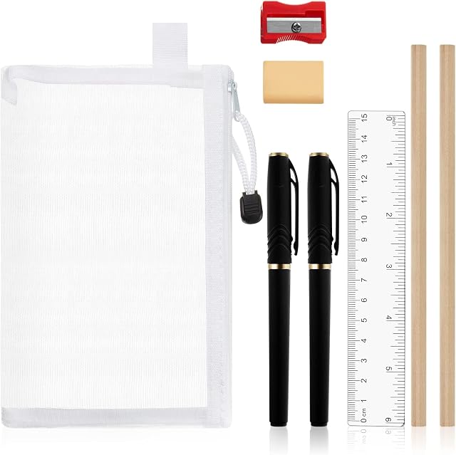 Clear Pencil Case Set with Stationery Mesh Zipper Pencil Case Stationery Storage Pouch Student Pencil Gel Pen Ruler Eraser Sharpener Children's Teen Students Back to School Exam Supplies