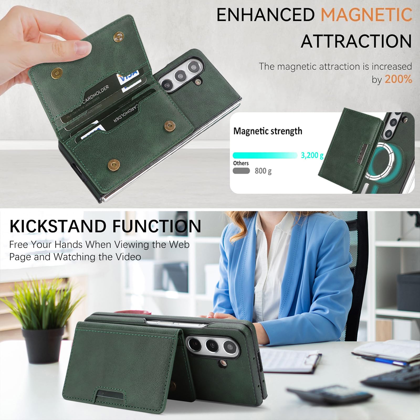 Custodia magnetica for Samsung Galaxy Z Fold 8 Ultra, funzione supporto Cover posteriore for telefono Protezione aziendale Guscio Portafoglio in pelle staccabile leggero e sottile(Green)