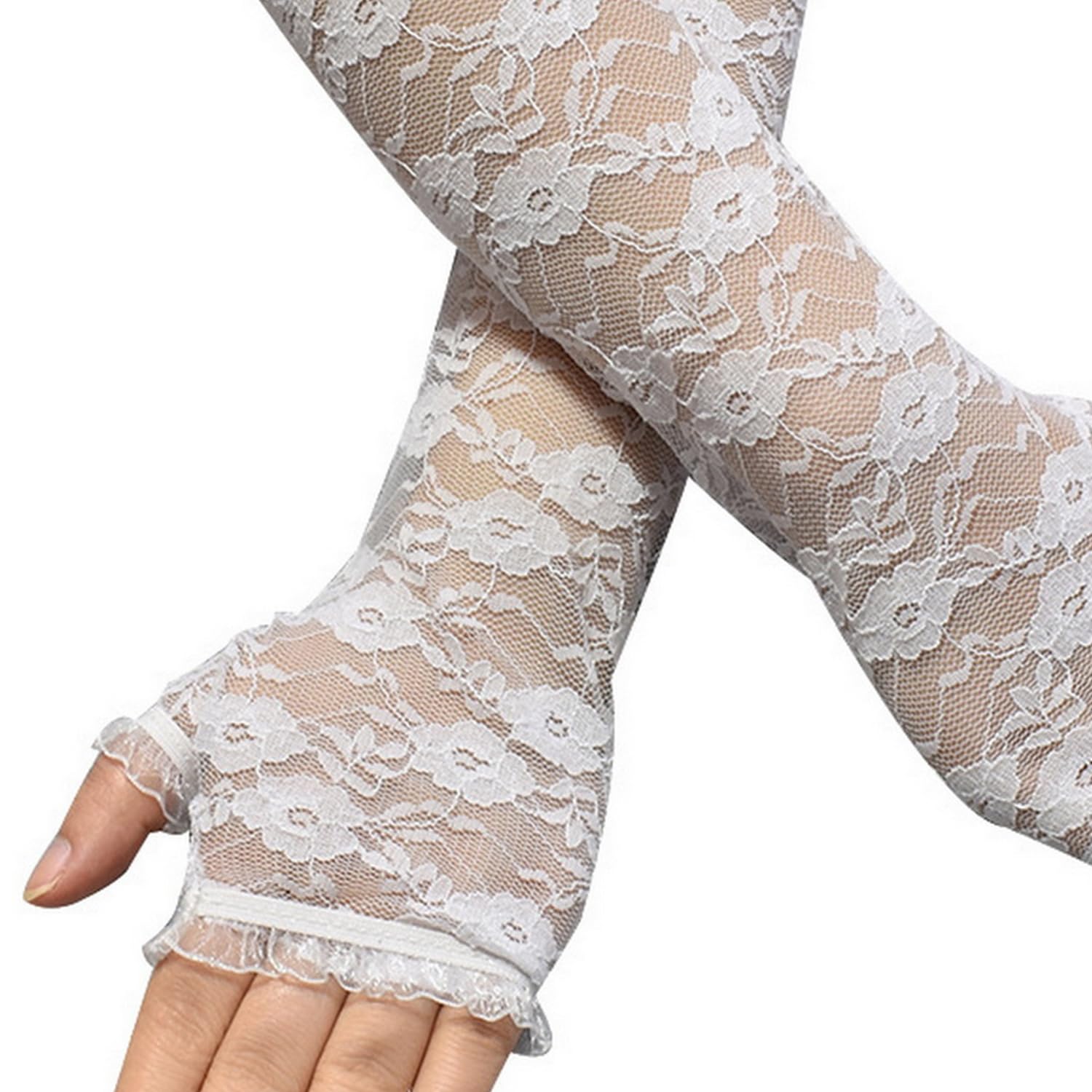 Sihaby Lady's Long Elegant Gloves,Fingerless Lace Bridal Gloves,Blacl White Floral Lace gloves for Wedding Opera Halloween Evening Party Tea Party - Image 4