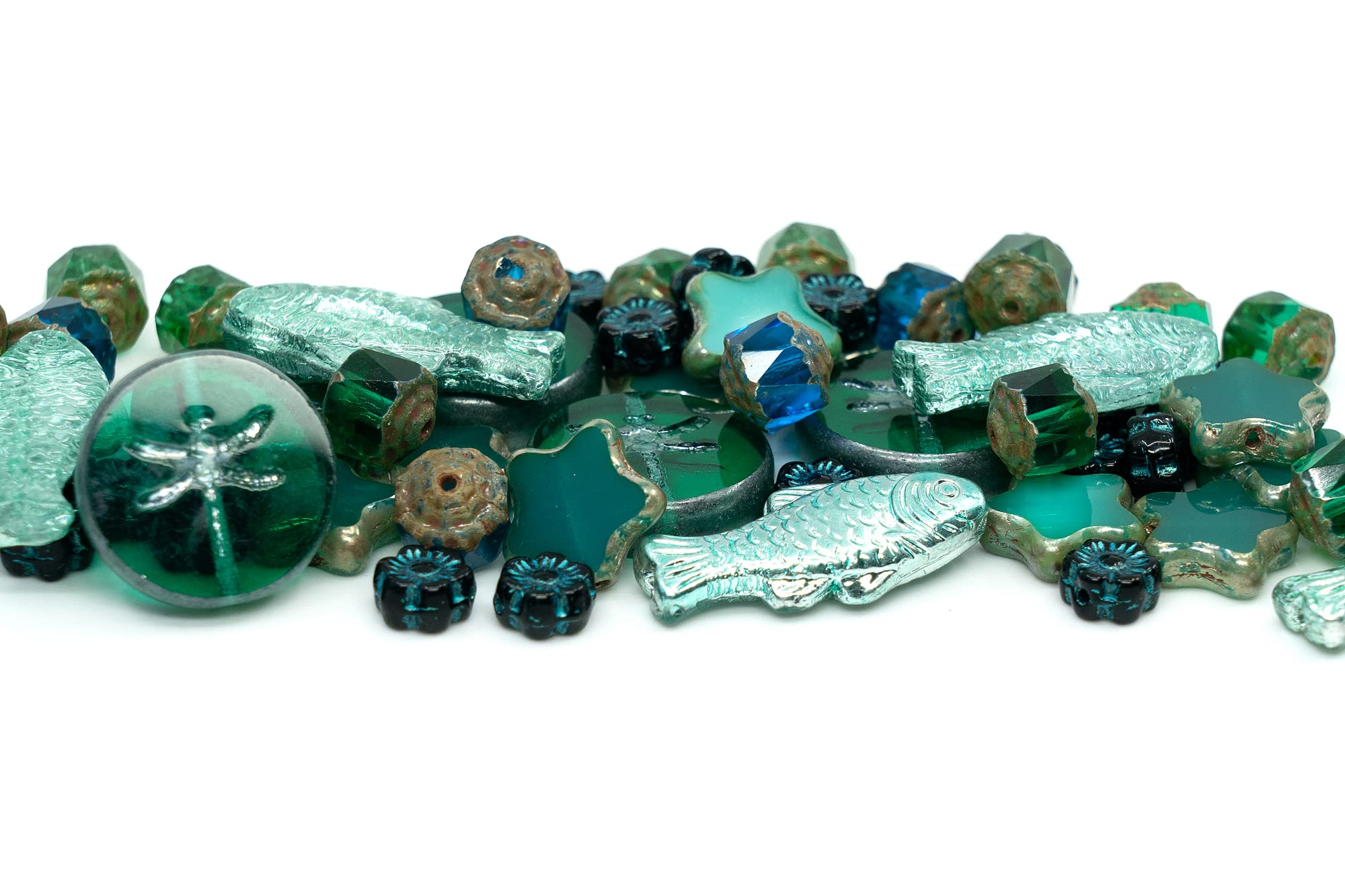 2.1oz (60g) of Glass Focal Bead Mix with Flowers, Table-Cut and fire Polish Czech Beads, PG Green, Focal Green - Image 4
