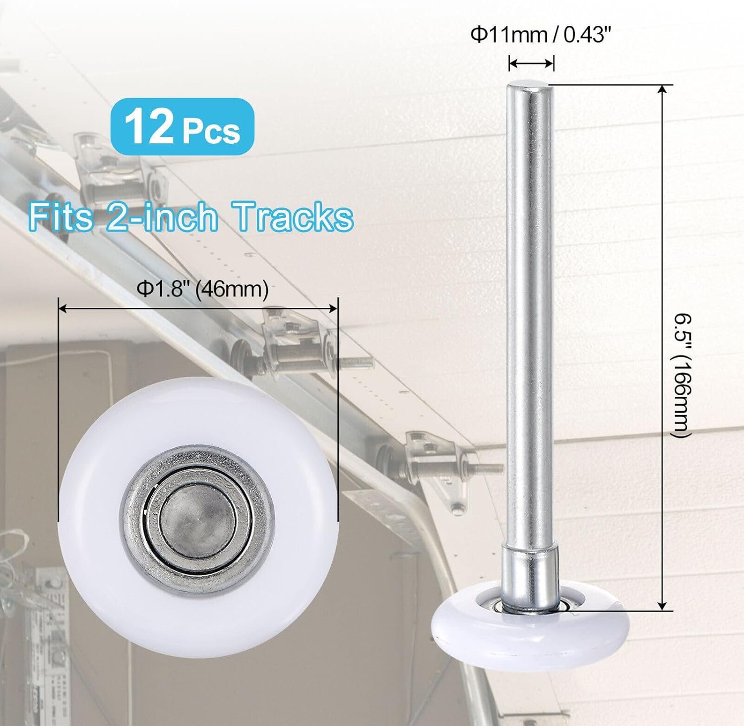 Toolparts And Accessories 12pcs 1.8" Nylon Garage Door Rollers For 2" Garage Track 6.5" Long Stem White (#CN#130824-04683)