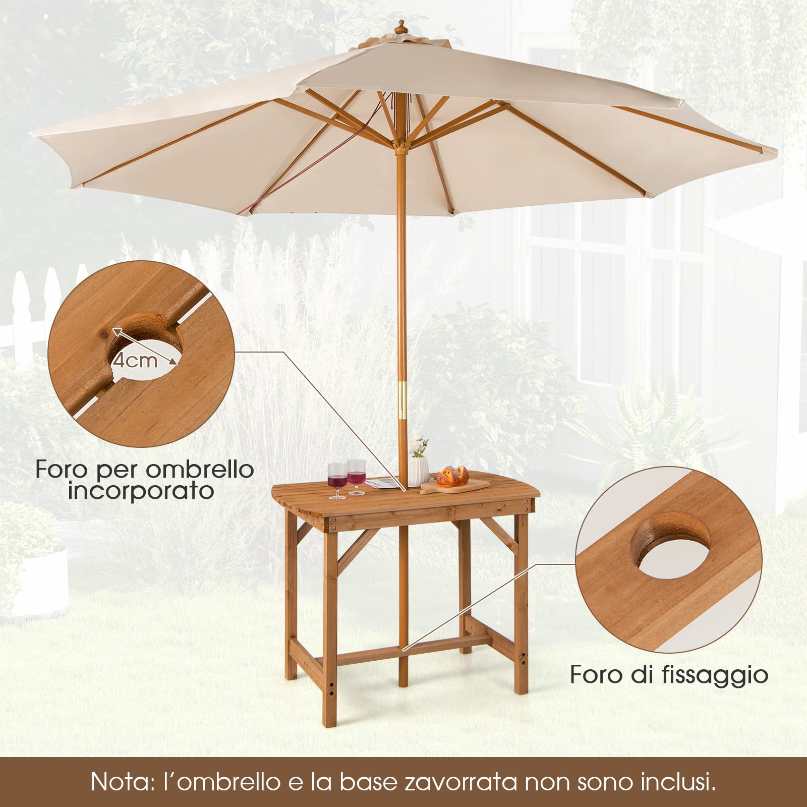 COSTWAY Tavolo Pranzo da Giardino in Legno, con Foro per Ombrellone, per 4-6 Persone, Giardino Patio Cortile, 100 x 60 x 75 cm, Portata 180 kg