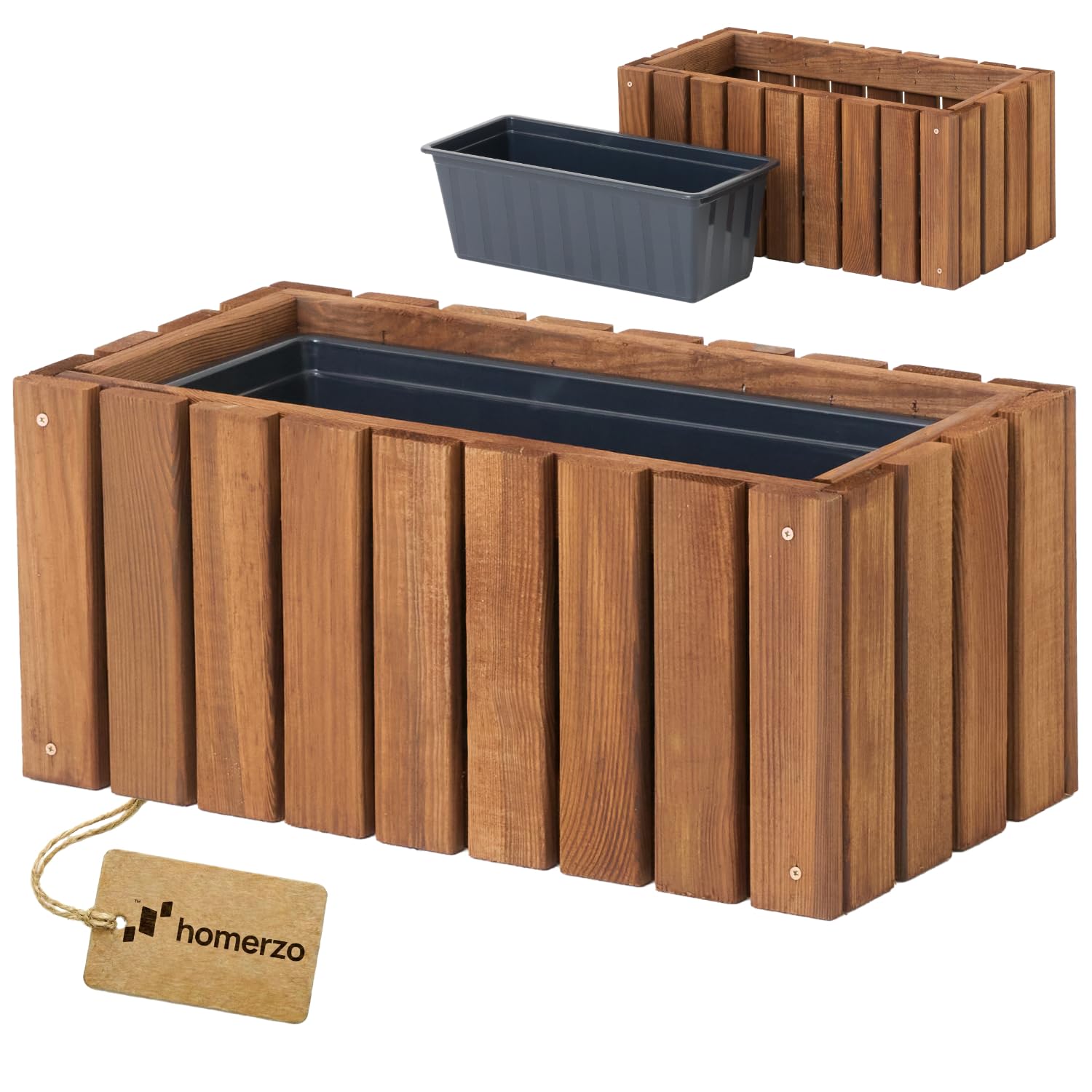 Jardinière en bois rectangulaire – imprégnée marron, avec insert en plastique amovible – Pot de fleurs pour balcon, jardin et terrasse (Vertical marron, 45x23 H20)