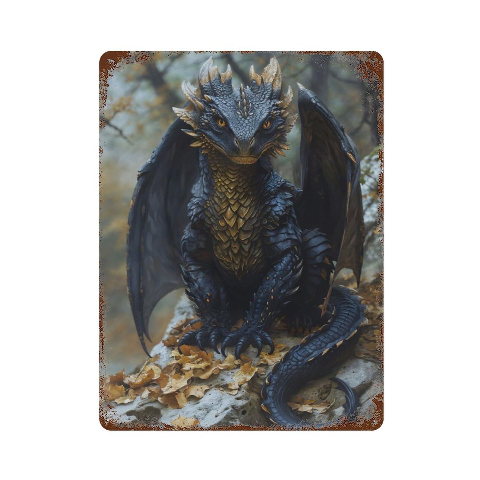 Black Dragon Whelp Rustic Tin Plaque 15.7"x11.8", Ideal for Shed, Workshop And Garage Wall Decor