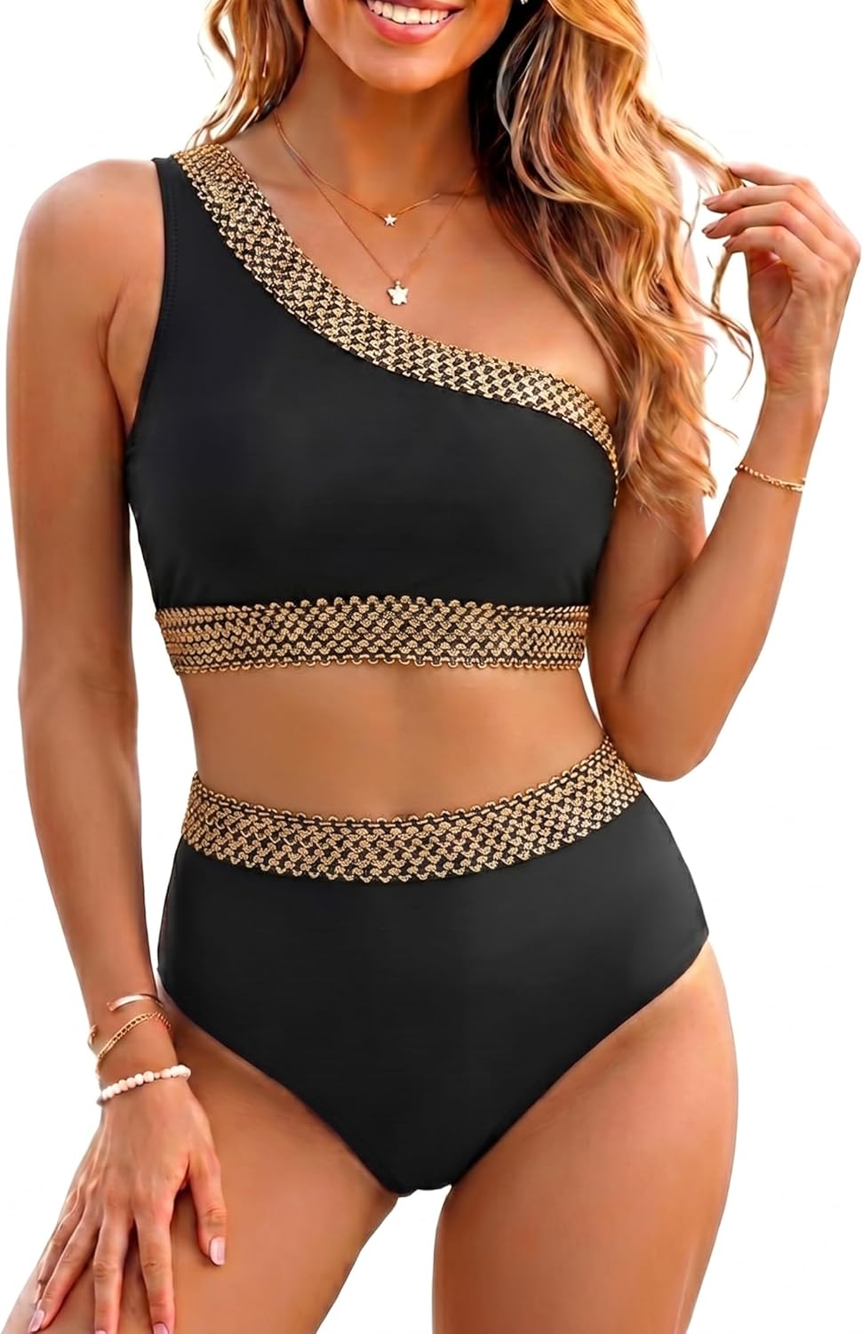 Tempt Me Women High Waisted Bikini Set - One Shoulder Two Piece Swimsuits Color Block Bathing Suits with Swimwear Bottom