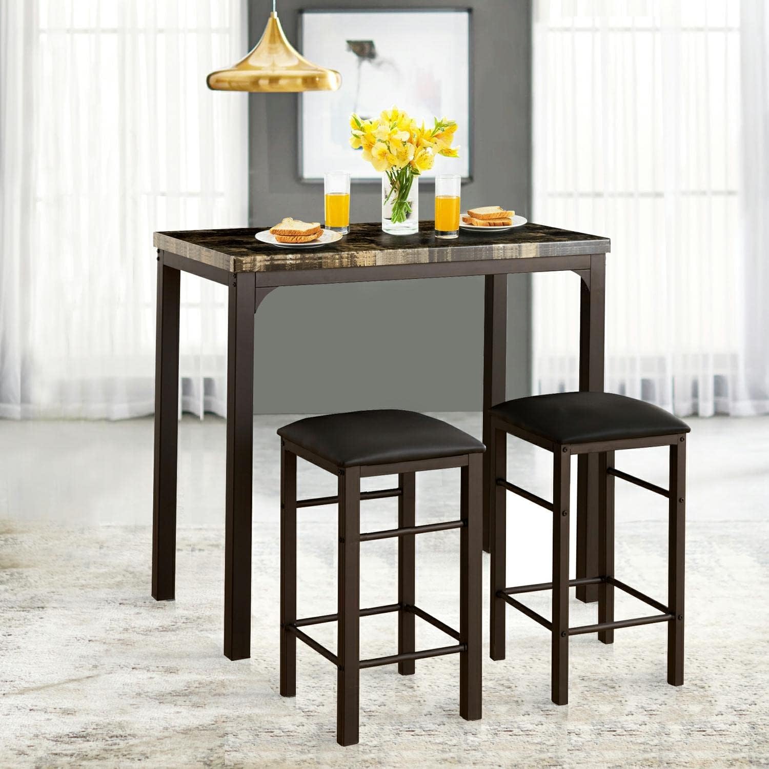 VECELO Bar Table Stools, 3 Pieces Rectangular Kitchen Height Pub Tabletop Living Party Room Bistro, Dining Set for 2, Retro Blk
