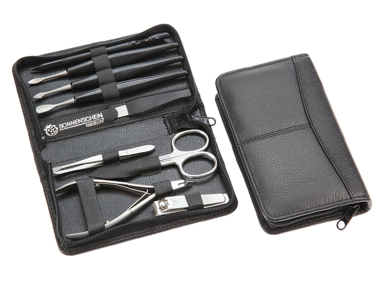 SONNENSCHEIN 4530-0902HZ - 9-tlg Maniküre-Etui - Nagelschere, Hautzange, Knipser, Pinzette, Feile - schwarz