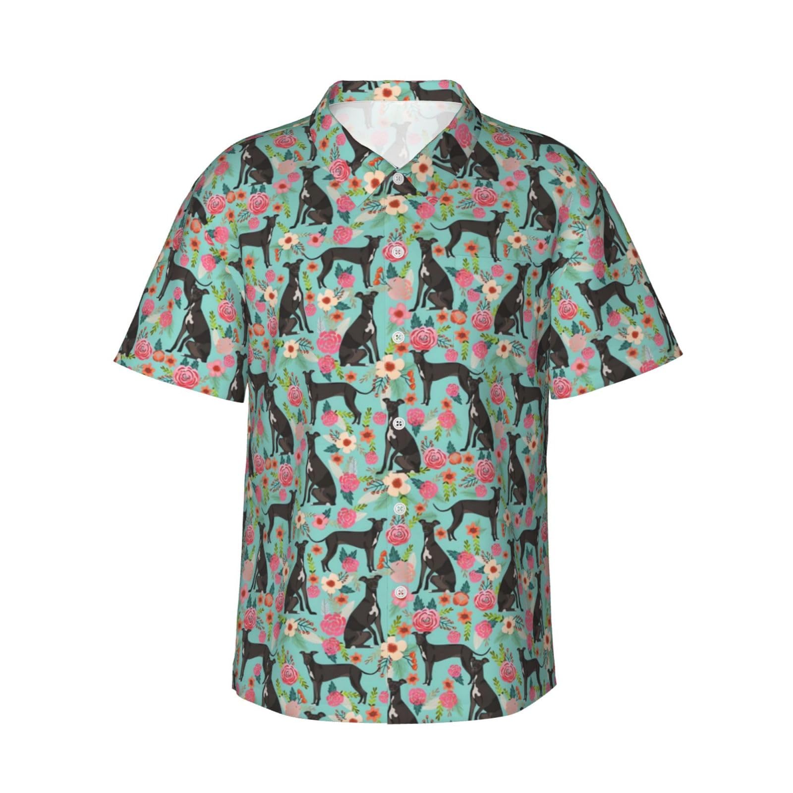 Sanfutian Italian Greyhound Dog Men's 3D Print Casual Button Down Shirts, Novelty Hawaiian Short Sleeves 3XL Black