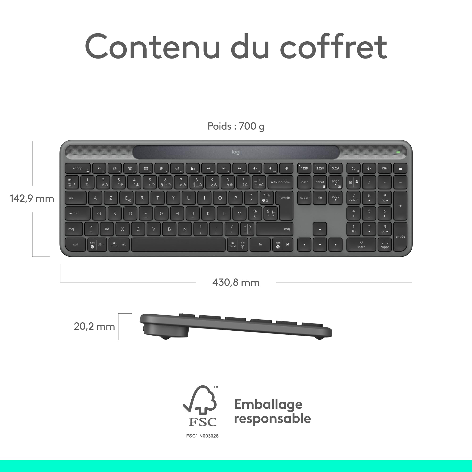 Logitech Signature Slim Solar+, Clavier sans Fil alimenté par la lumière Solaire et Artificielle, Batterie Durable Jusqu’à 10 Ans, Touches Personnalisables, Bluetooth, Français AZERTY - Graphite