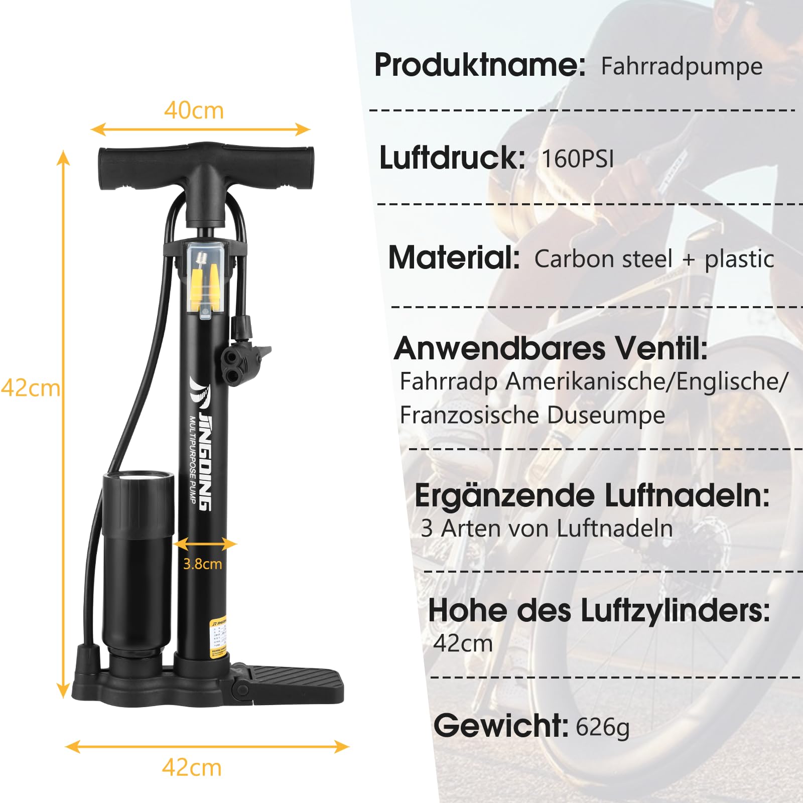 Pompka powietrza do roweru – stojąca z manometrem 45 cm, metalowo-żelazny materiał, wysokie ciśnienie 160 psi, dla wyścigowych, e-rowerów i górskich