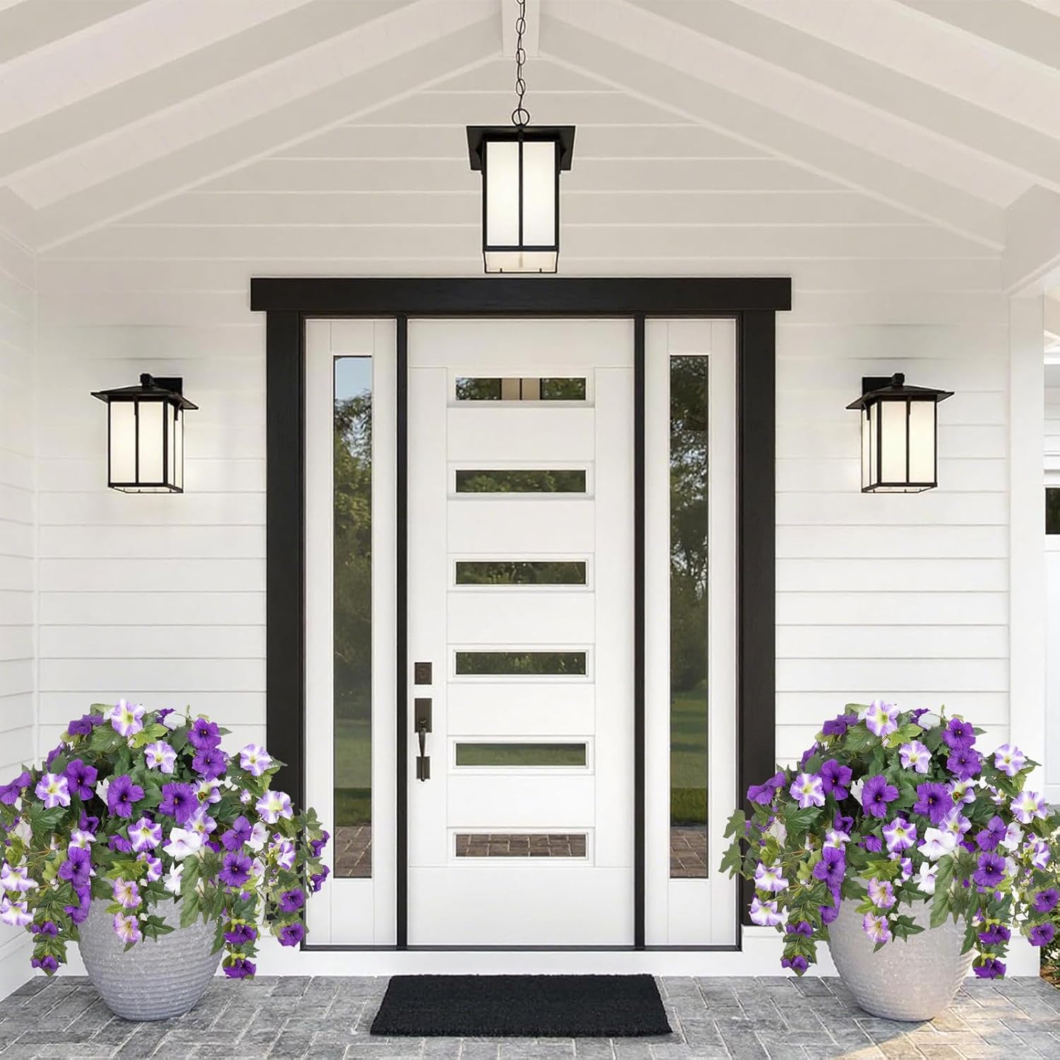 4PCS Artificial Fake Flowers Plants for Outdoors Decoration No Fade Faux Petunias UV Resistant Realistic Silk Flowers for Home Garden Balcony Yard Porch Deco (Purple White) - Image 5