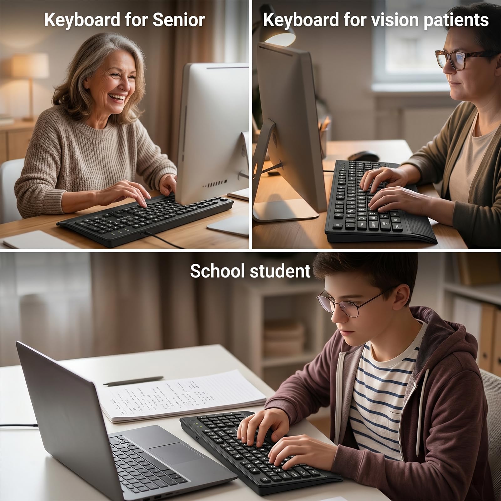 Grande tastiera per computer, con cavo, USB, con coperchio, poggiapolsi, lettere chiave sovradimensionate per ipovedenti e ipovedenti, facile da vedere e digitare per laptop, PC, Windows