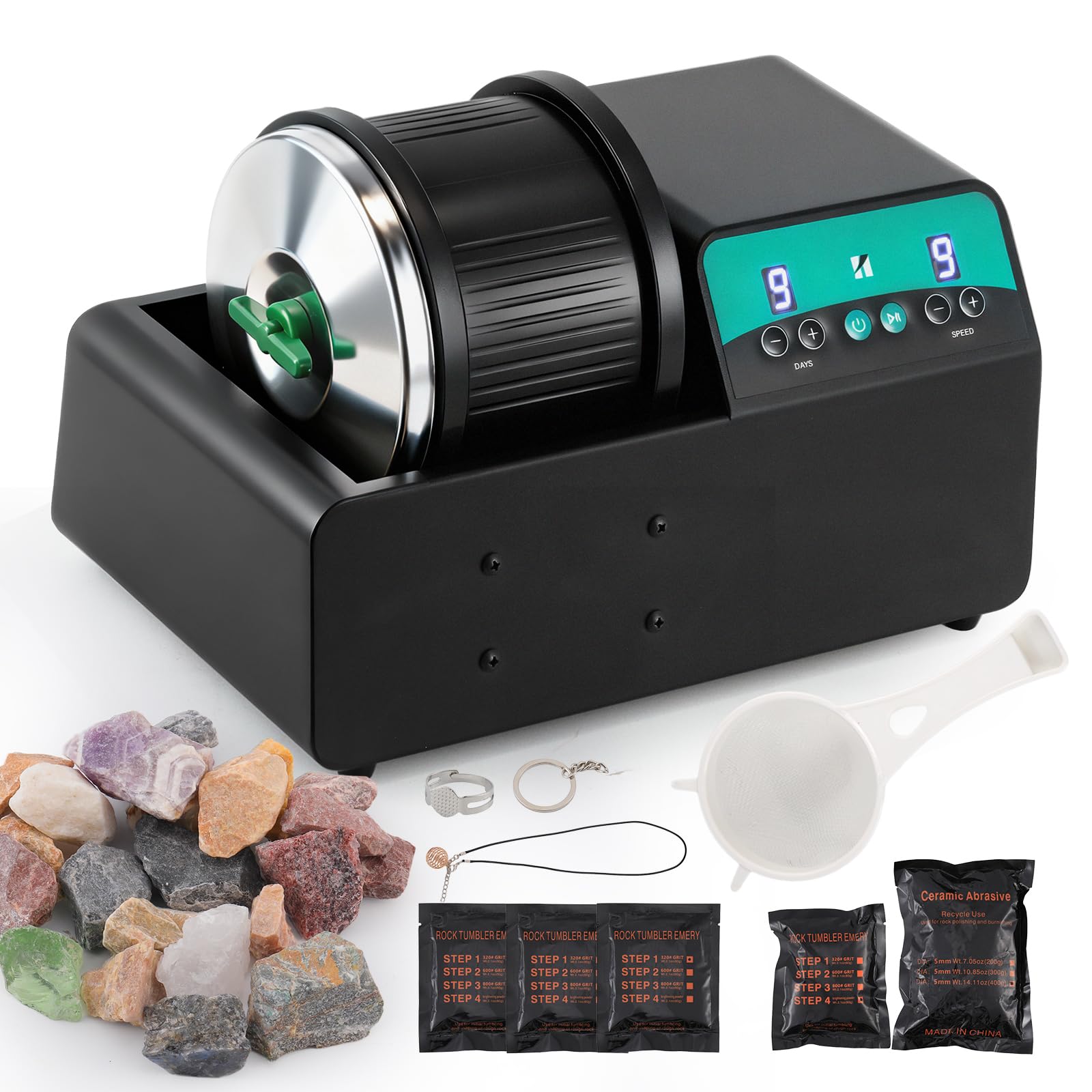 Huanyu Pulidora de rocas capacidad máx. 1.8 kg, Motor de 9 Velocidades, Temporizador de 9 Días, Pulidora de Piedras, Incluye accesorios completos para adultos y coleccionistas aficionados al bricolaje