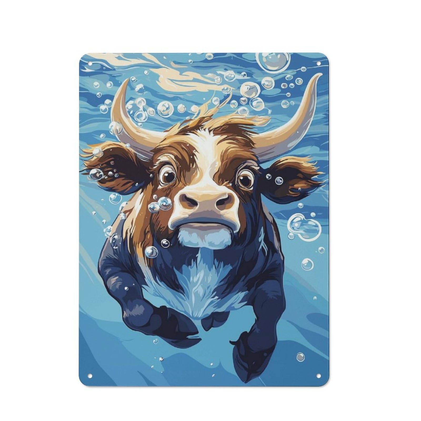 Junmoney Style-23 For Lounge Or Reading Corner, Cartoon Cow Swimming Underwater With Bubbles Retro Tin Sign 40X30cm, Gift For Reading Corner Decorators During The Christmas Season