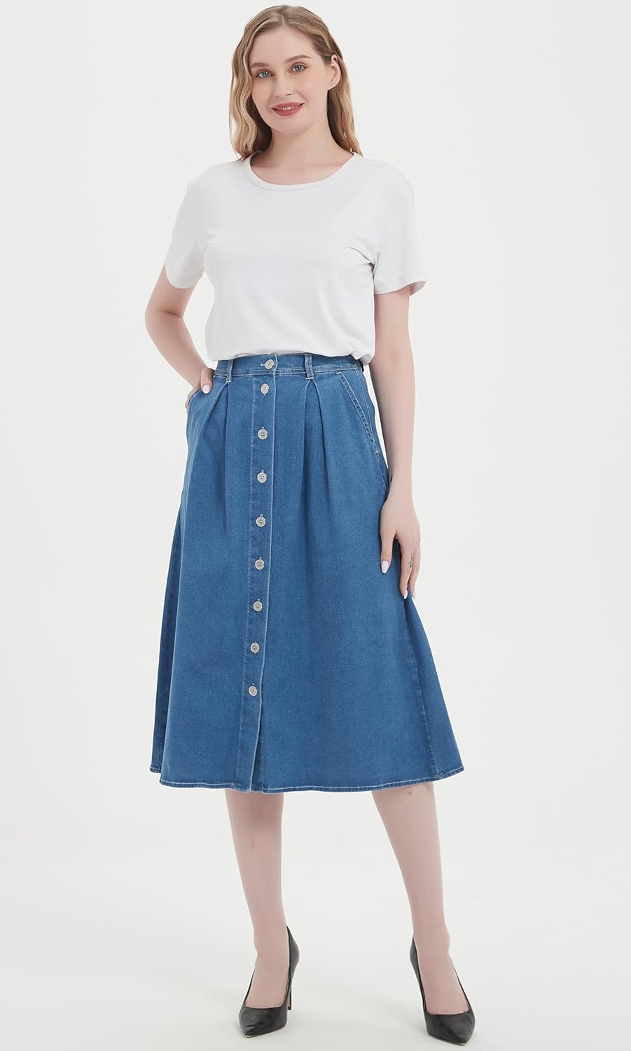 Tronjori Womens A Line Long Midi Denim Skirt with Button Front
