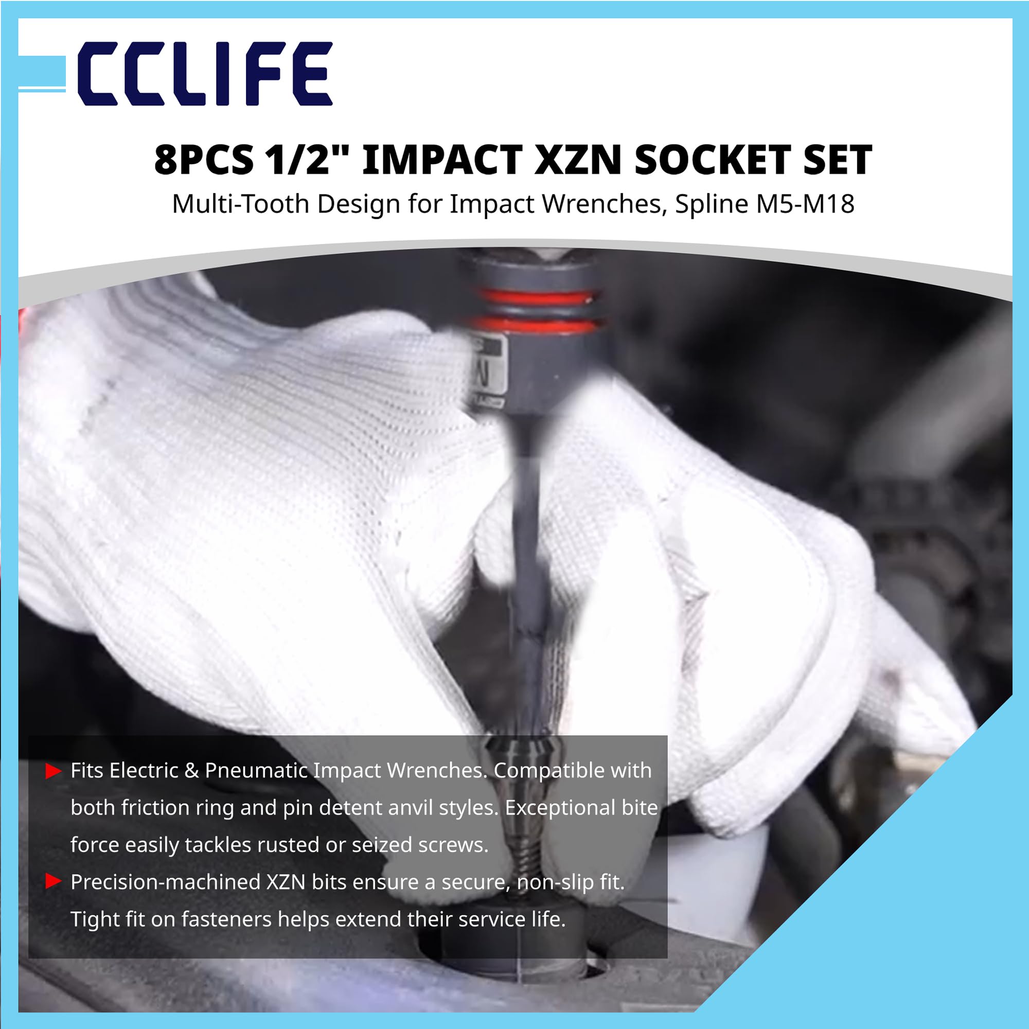 CCLIFE XZN 8-częściowy zestaw kluczy nasadowych 1/2 cala z ząbkami wewnętrznymi M5, M6, M8, M10, M12, M14, M16, M18, wielozębowymi, zestaw kluczy nasadowych z walizką do naprawy samochodu