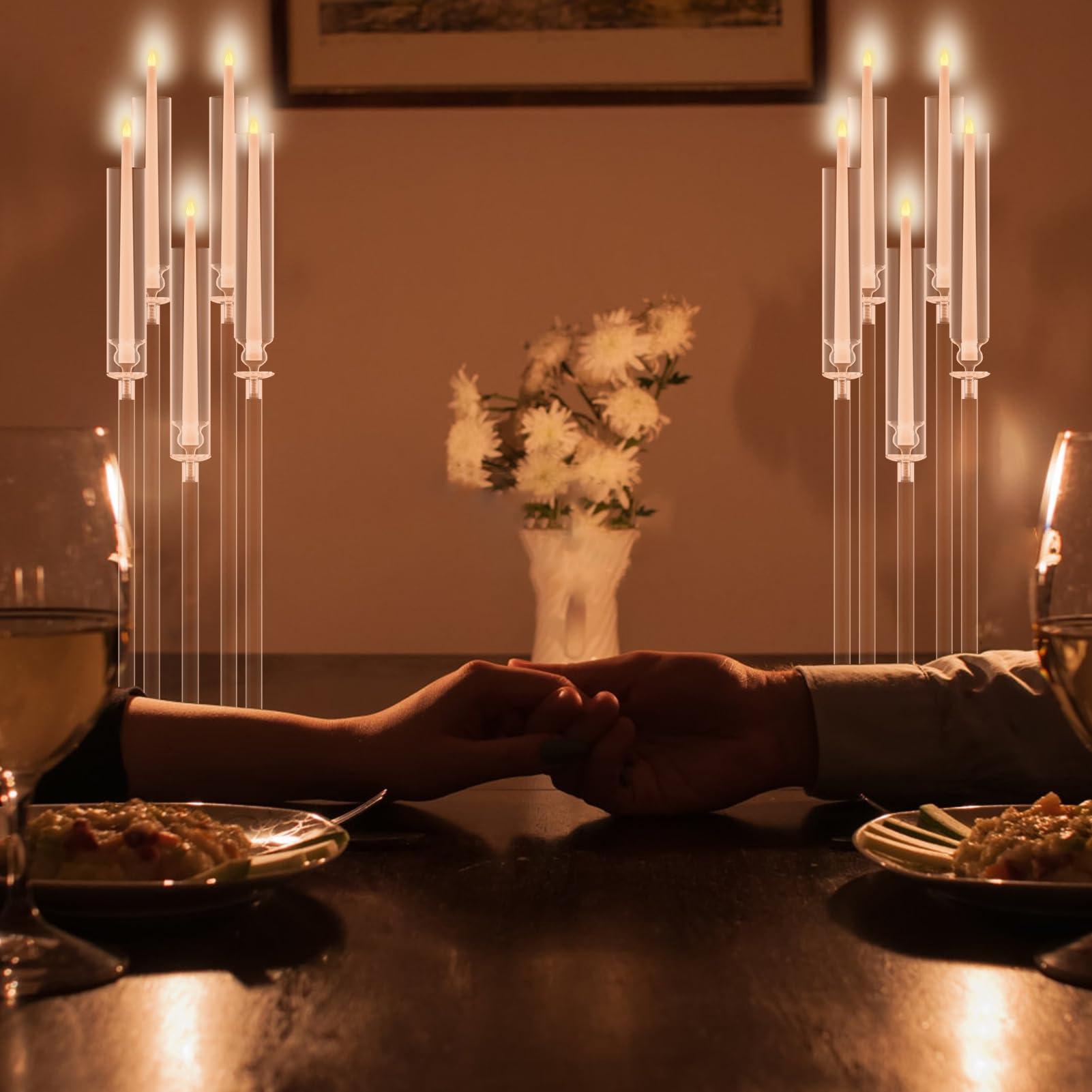 Yokawe Set di 4 centrotavola alti per candelabri, 87 cm di altezza, trasparenti, portacandele a 5 bracci con tonalità acriliche, centrotavola a LED conici per candele da matrimonio, 1 set