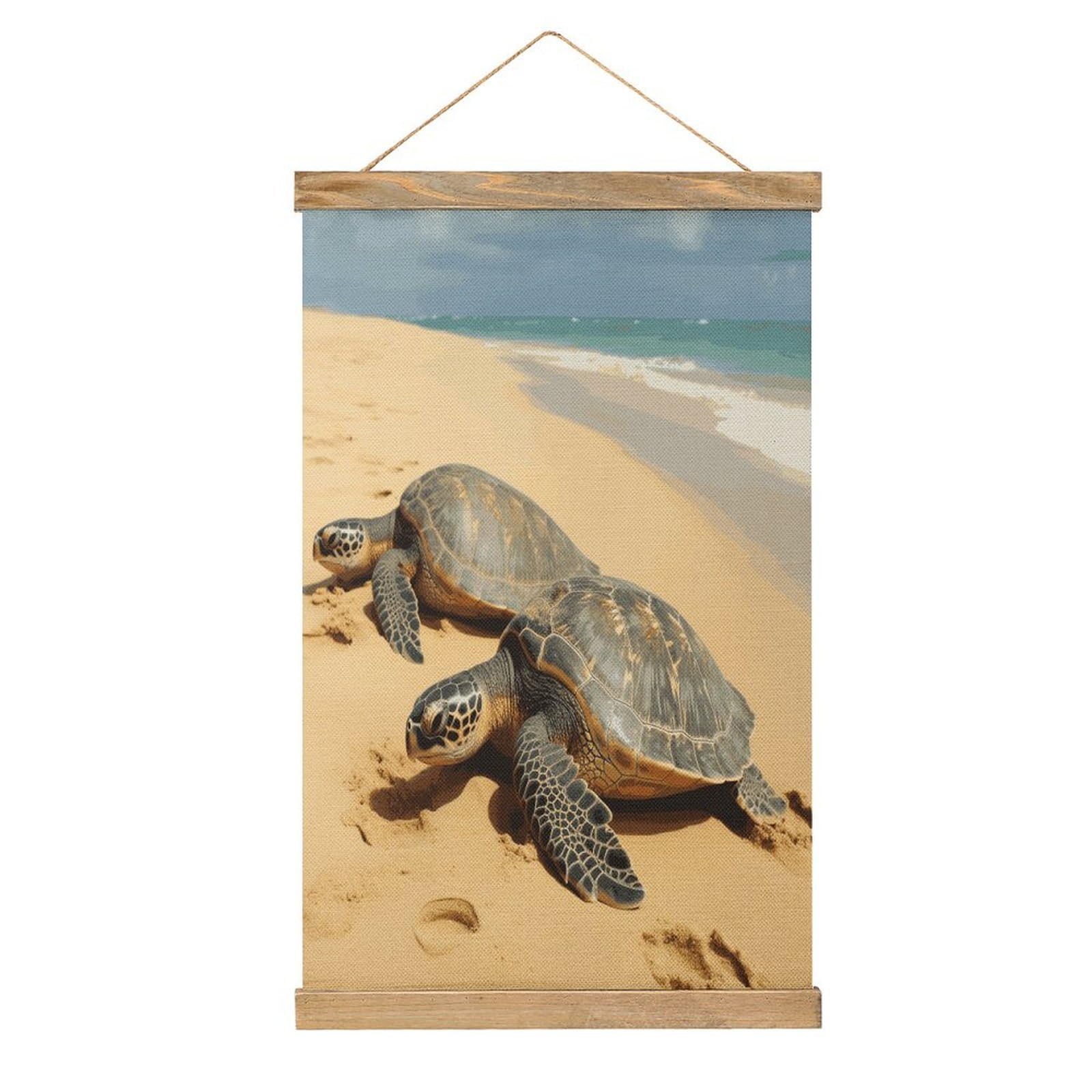 FekiLoot Turtles on The Beach Wall Art Poster Hanger Frame Linen Wall Art Decor Vintage Hanging Poster Hanging Wall Decor Rustic Retro Wall Art Print for Living Room Decor 20.4 X 13.1Inches