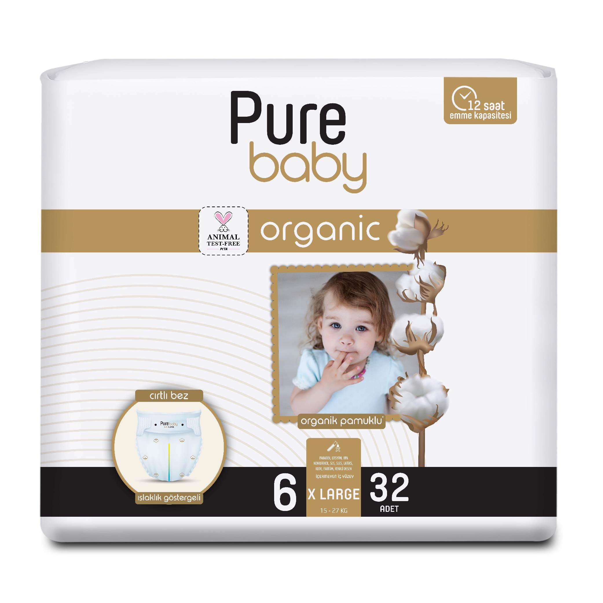 Pure Baby Organik Pamuklu Cırtlı Bez 4'Lü Paket 6 Numara…