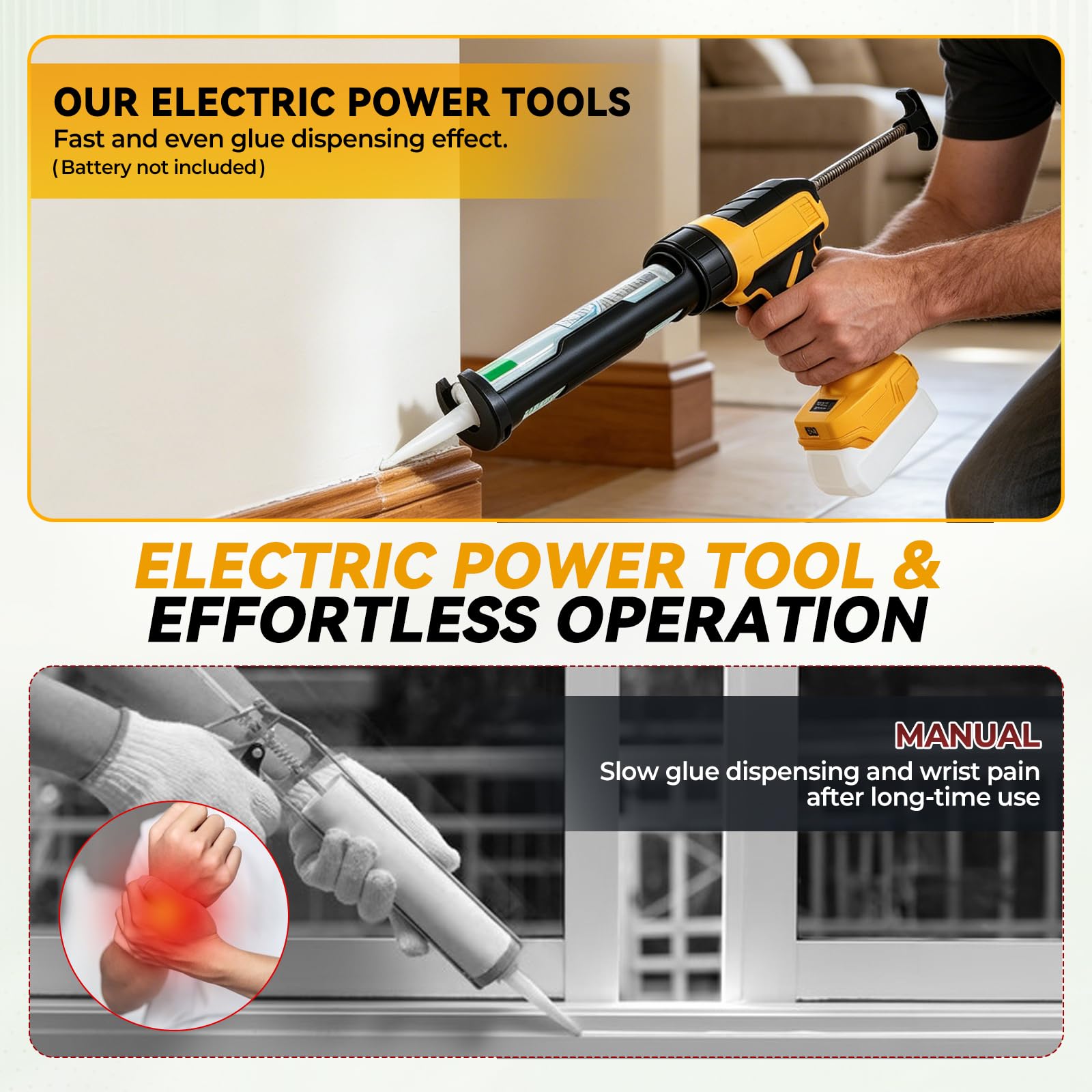 Pistola de cartucho con batería, compatible con batería DeWalt 18 V 20 V, 600 kg de fuerza de empuje, pistola eléctrica de silicona ajustable en 6 niveles con luz LED para cartuchos de 300 ml (sin