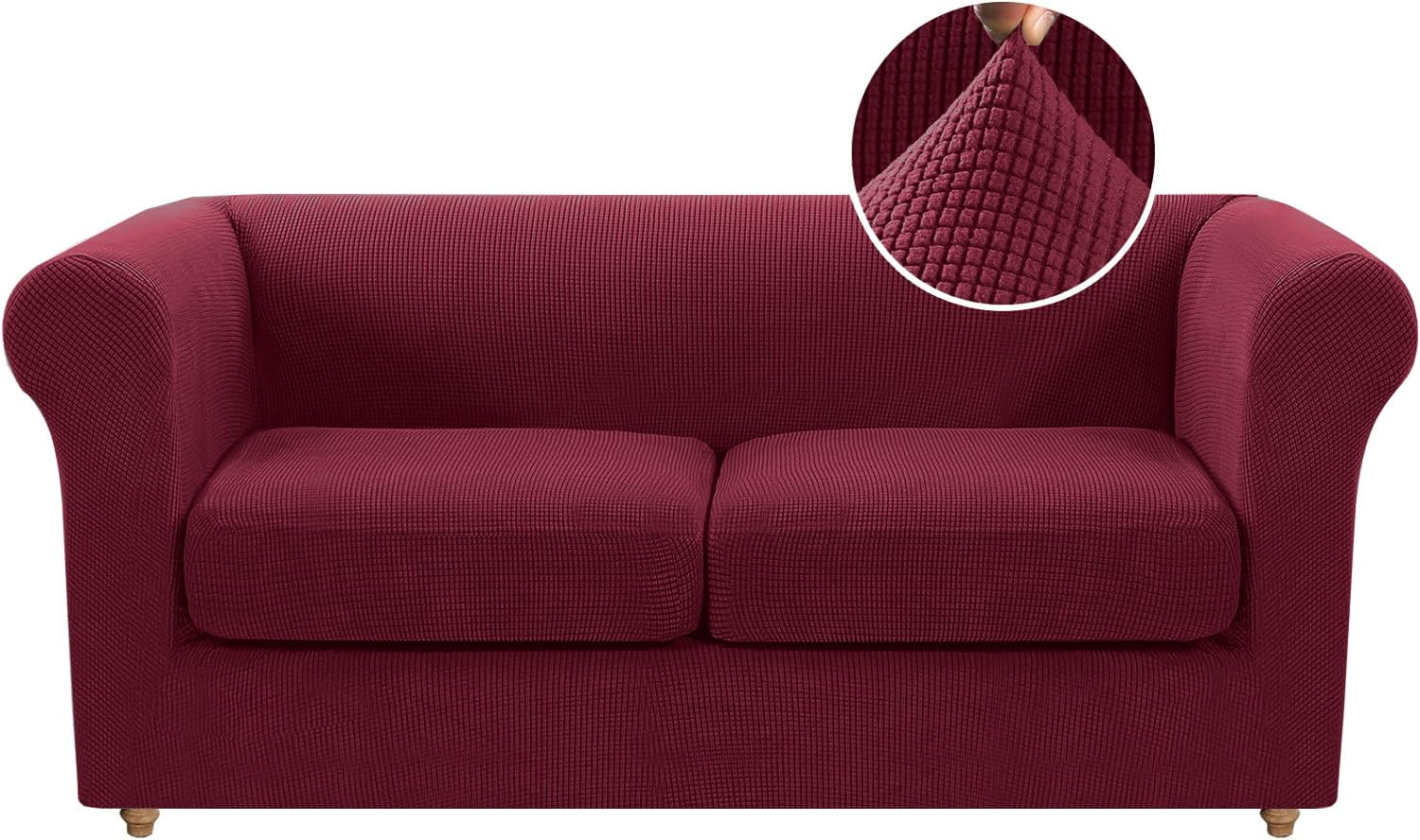 Housse de canapé Chesterfield extensible 2 places avec sa housse de coussin élasthanne rouge vin